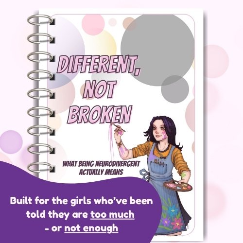 Book cover titled "Different, Not Broken" supporting neurodivergent teen girls with an illustration of a girl holding a paintbrush and palette, promoting support for neurodivergent teen girls.