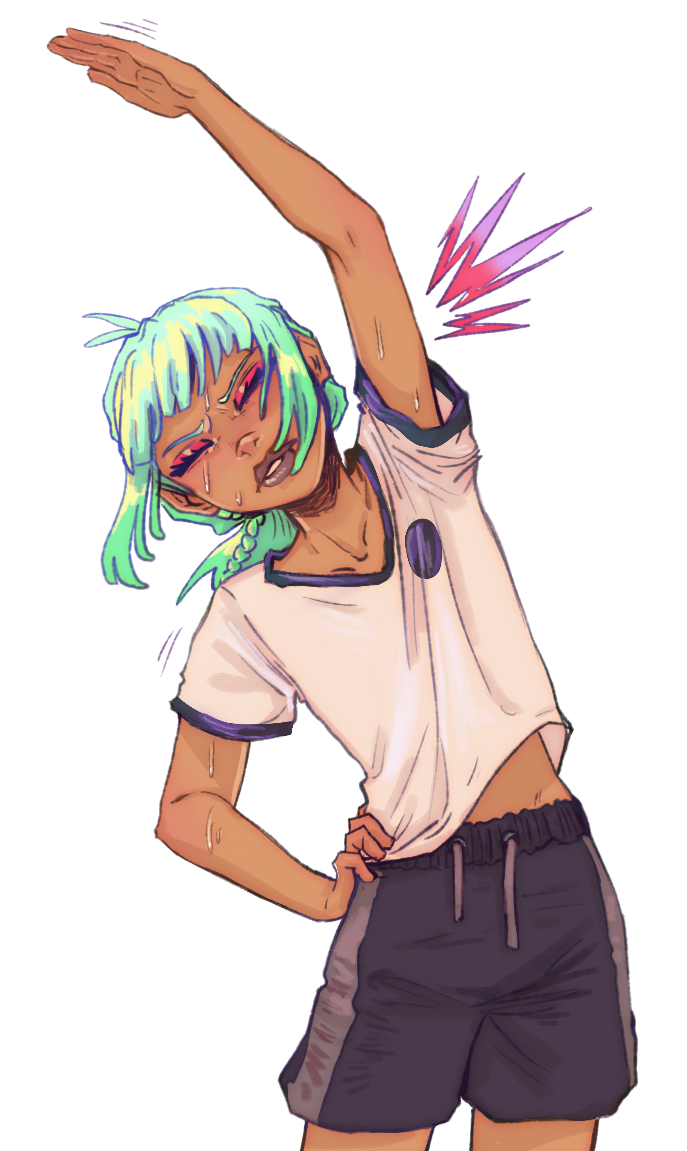 Anime-style girl with multicolored hair, sweat beads, raised arm, wearing casual white T-shirt and dark shorts, posing with a confident expression.