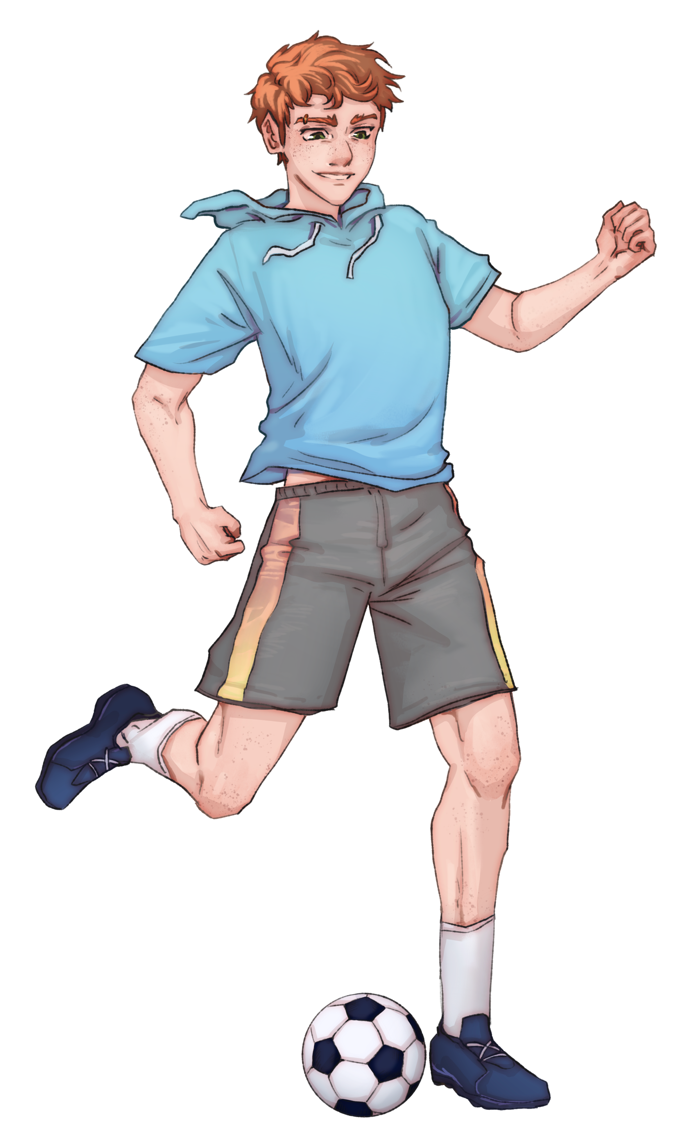 A cartoon boy with red hair, green eyes, wearing a light blue hoodie, brown shorts with a yellow stripe, and black shoes, is about to kick a soccer ball.