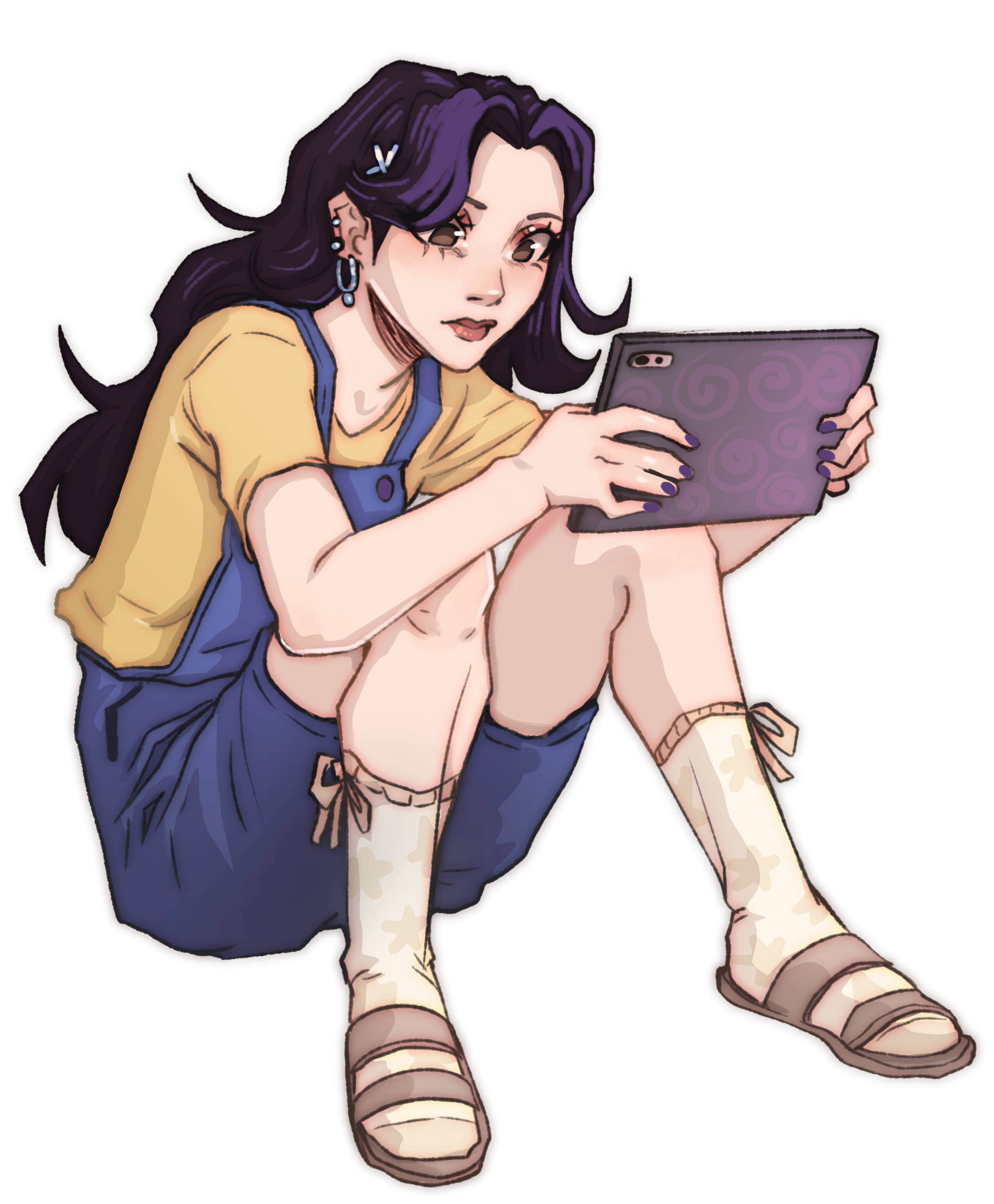 Anime-style girl with purple hair, wearing a yellow shirt and blue overalls, sitting with her legs crossed, holding a tablet.