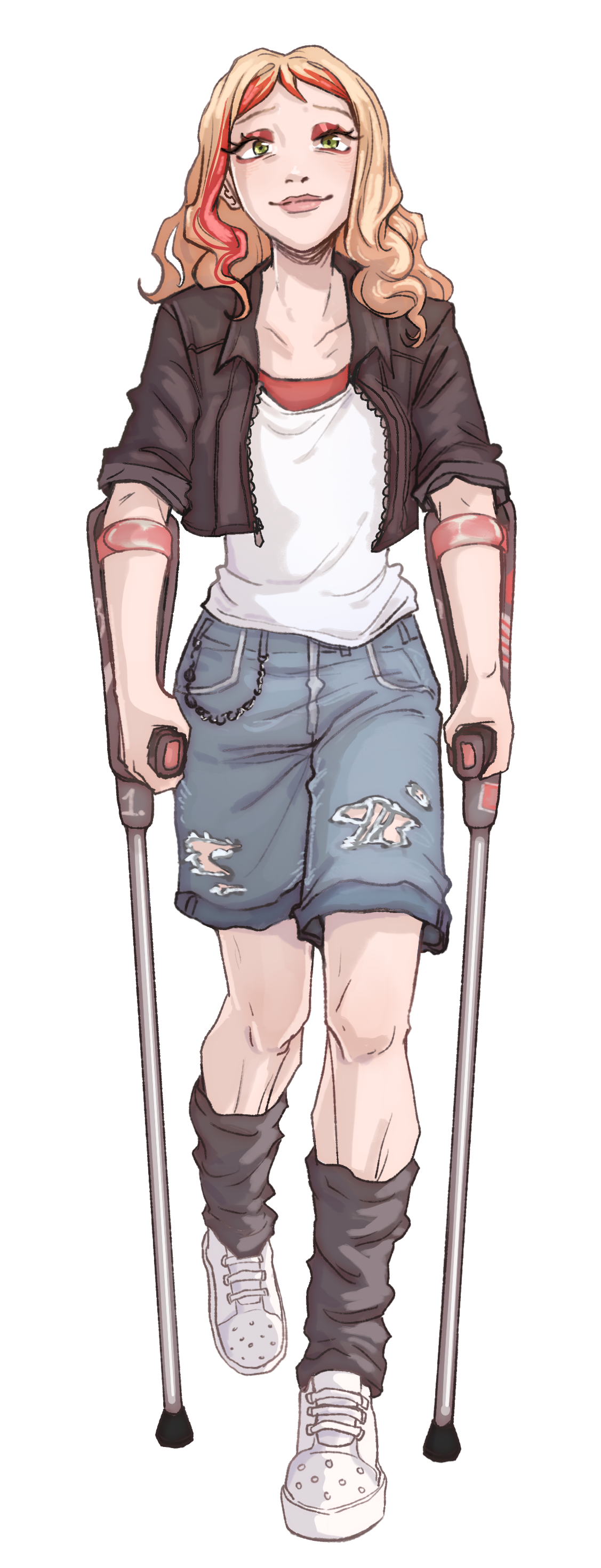 A young woman with wavy, shoulder-length hair and light skin, using crutches, wearing a black leather jacket, a white T-shirt, distressed denim shorts, and sneakers.