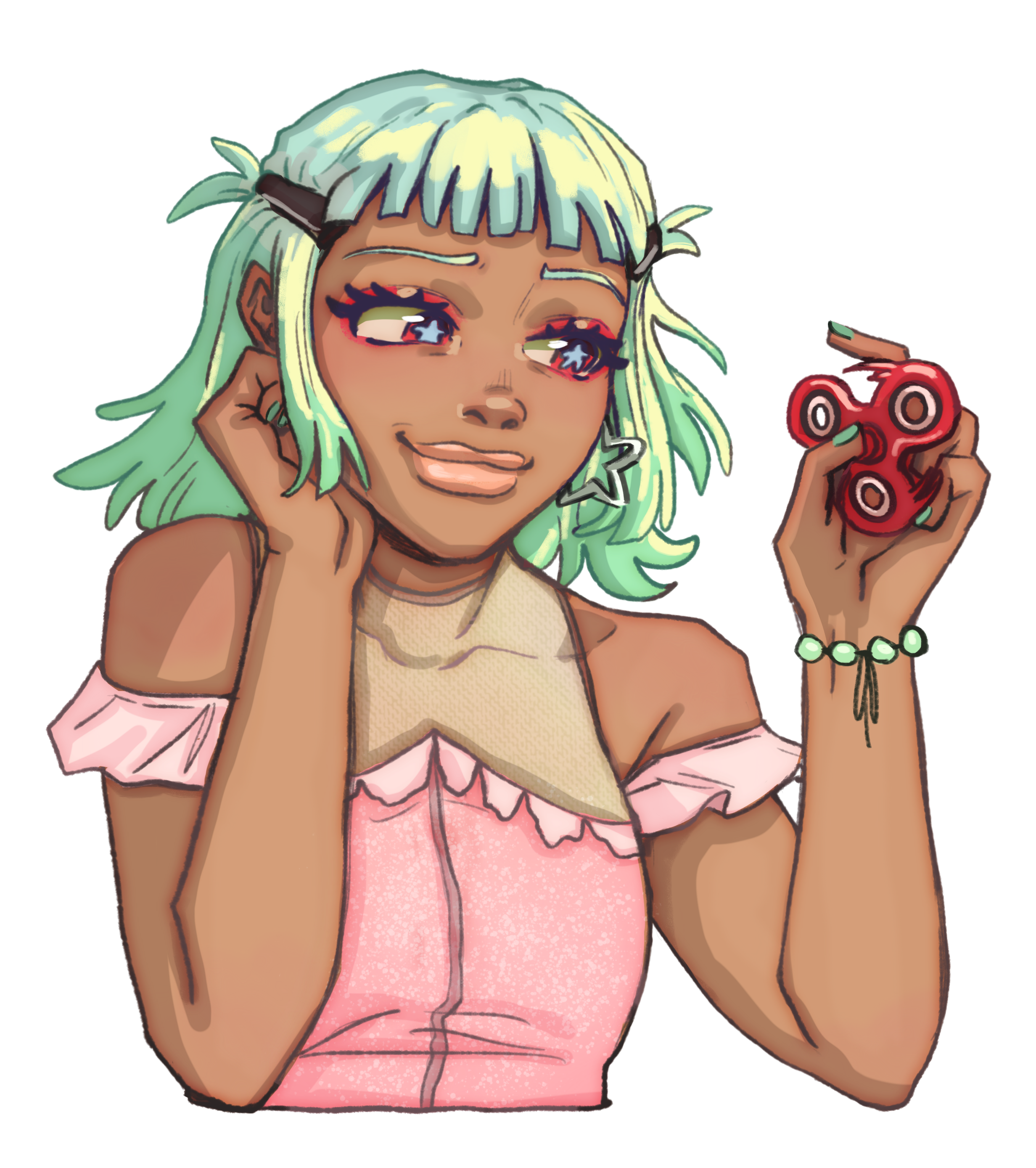 A digital illustration of a young girl with light, mint green hair styled in pigtails, holding a red fidget spinner, wearing a beige top with a pink jacket over it, and a green beaded bracelet.