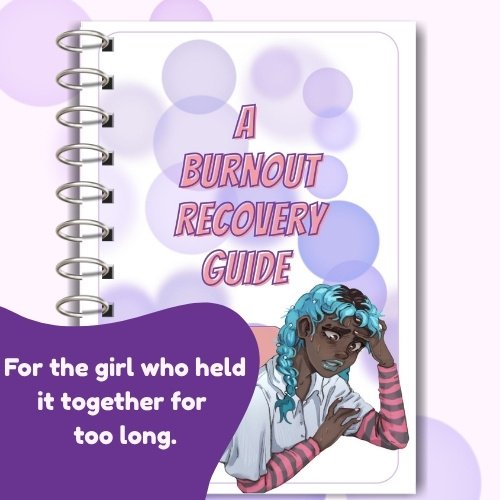 Digital tablet displaying a guide titled 'A Burnout Recovery Guide' with an illustration of a distressed young woman with light blue curly hair, wearing a white shirt and pink striped sleeves, against a light purple background with bubble patterns.