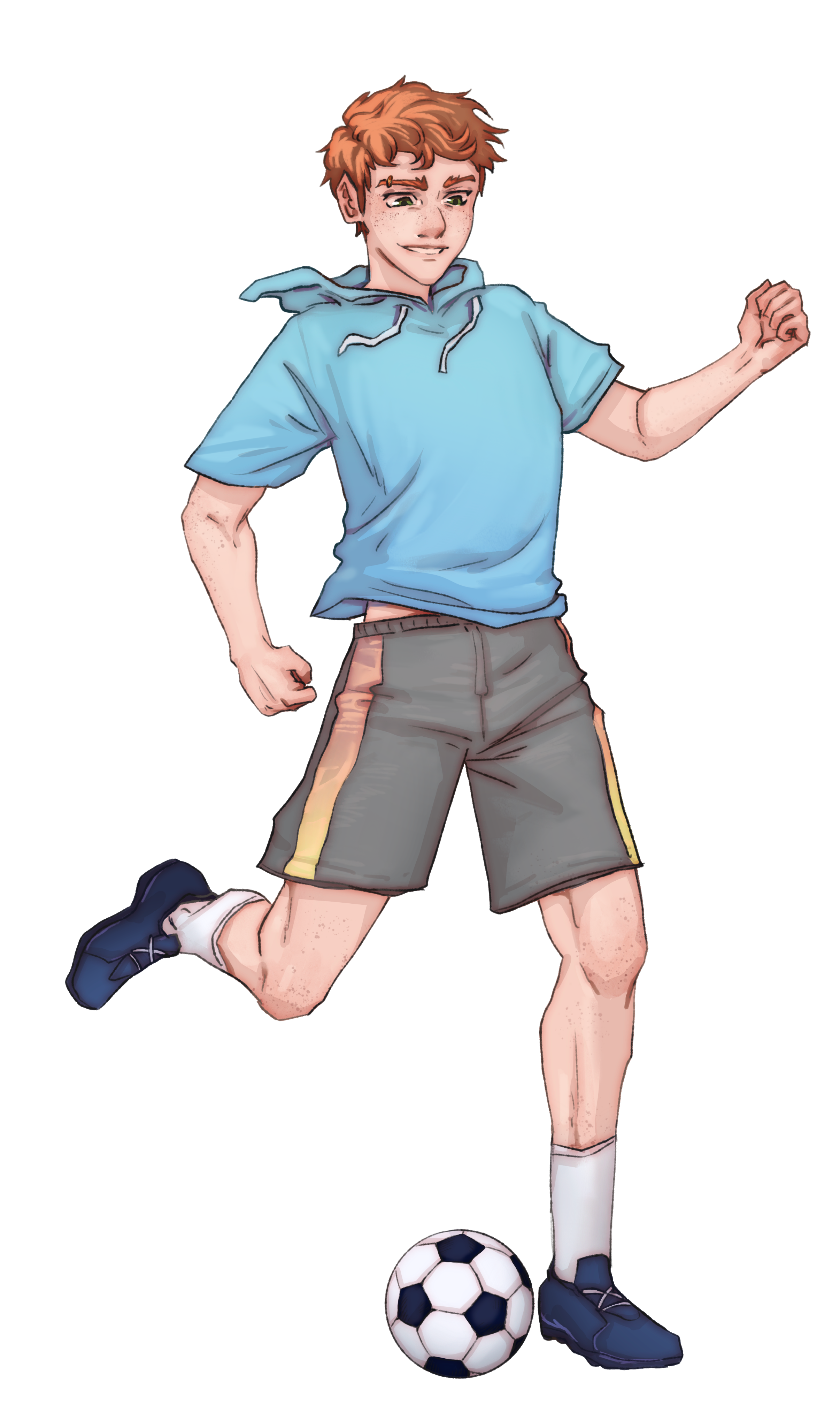 Young male soccer player with red hair and freckles, wearing a light blue hoodie, gray shorts with yellow stripe, white socks, and blue soccer shoes, standing with one leg raised over a soccer ball, in a fighting pose, with a blue and red background.