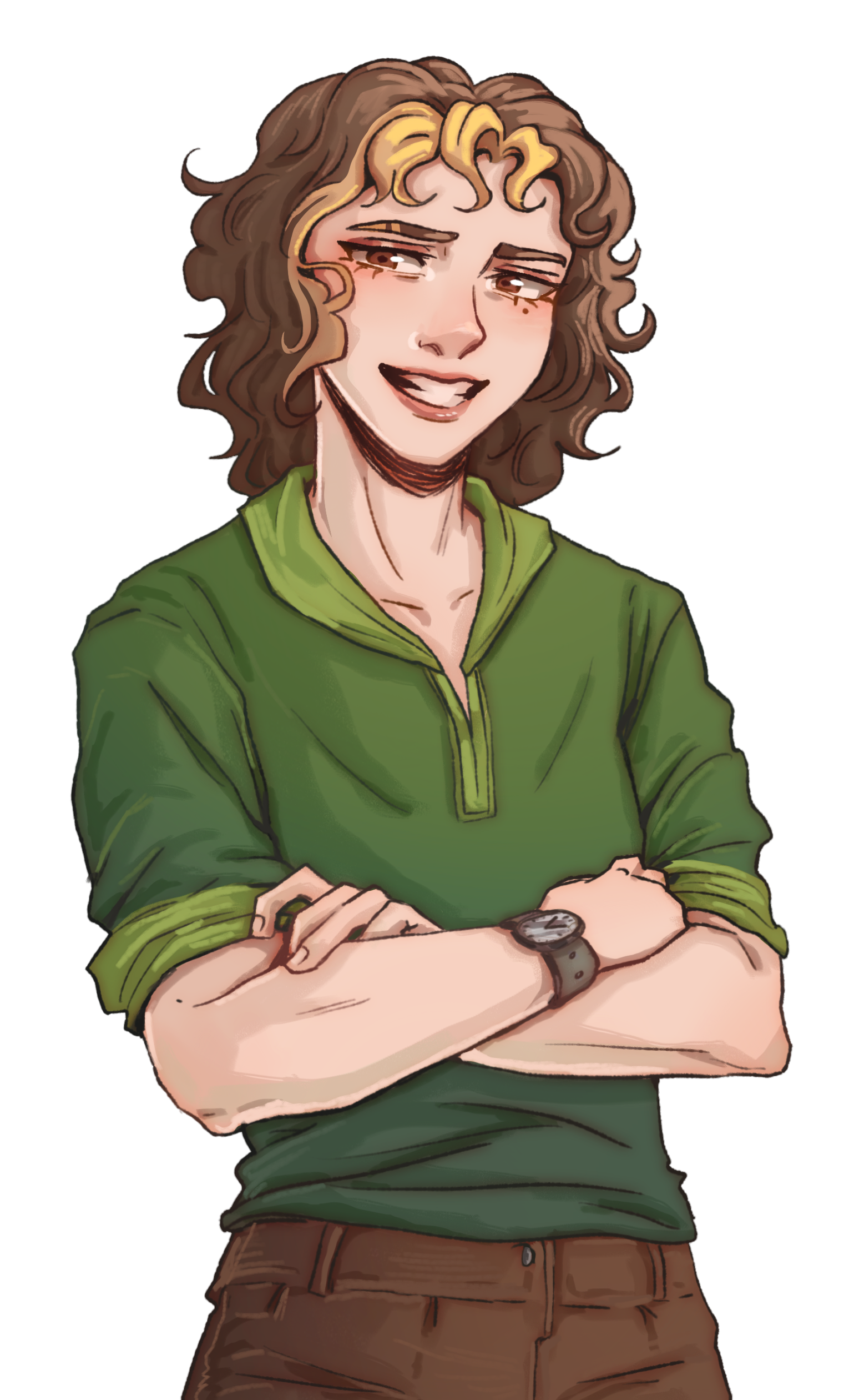 Digital illustration of a young woman with curly brown hair, wearing a green long-sleeve shirt and brown pants, with arms crossed, smiling confidently.