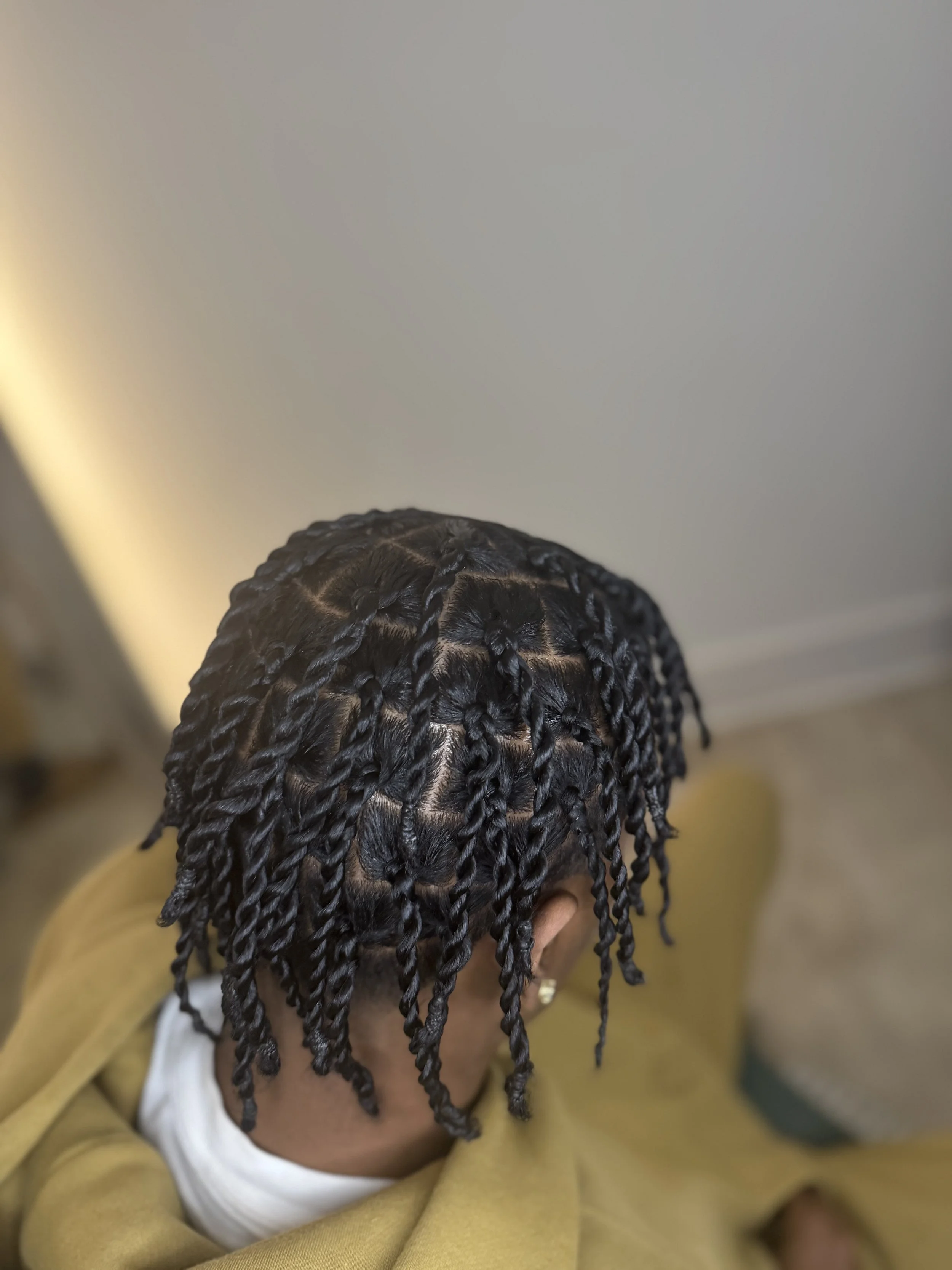 Person with braided hair that is styled with small to medium size two strand twists.