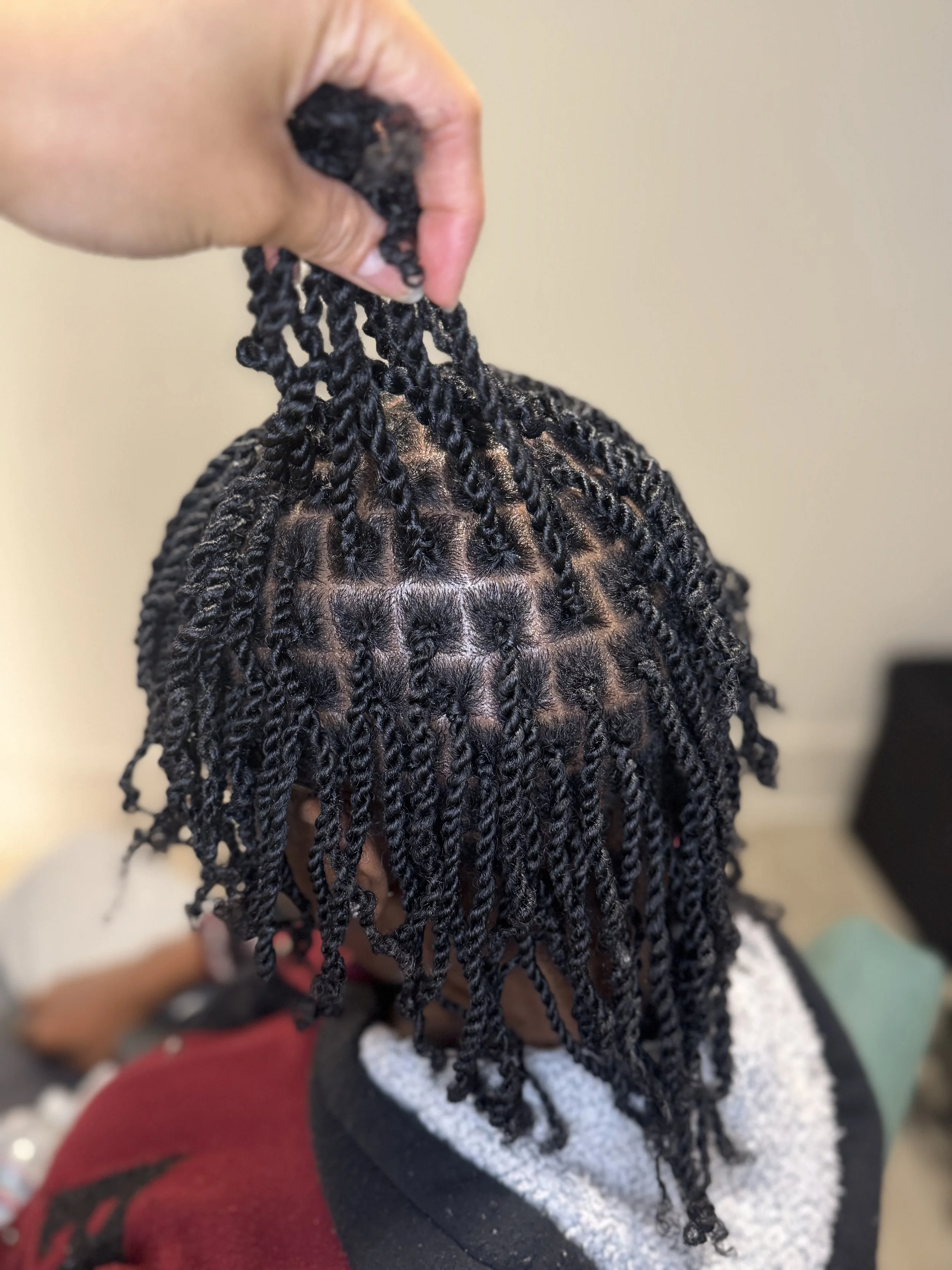 A person is holding up freshly twisted small two strand twists on 4c natural hair