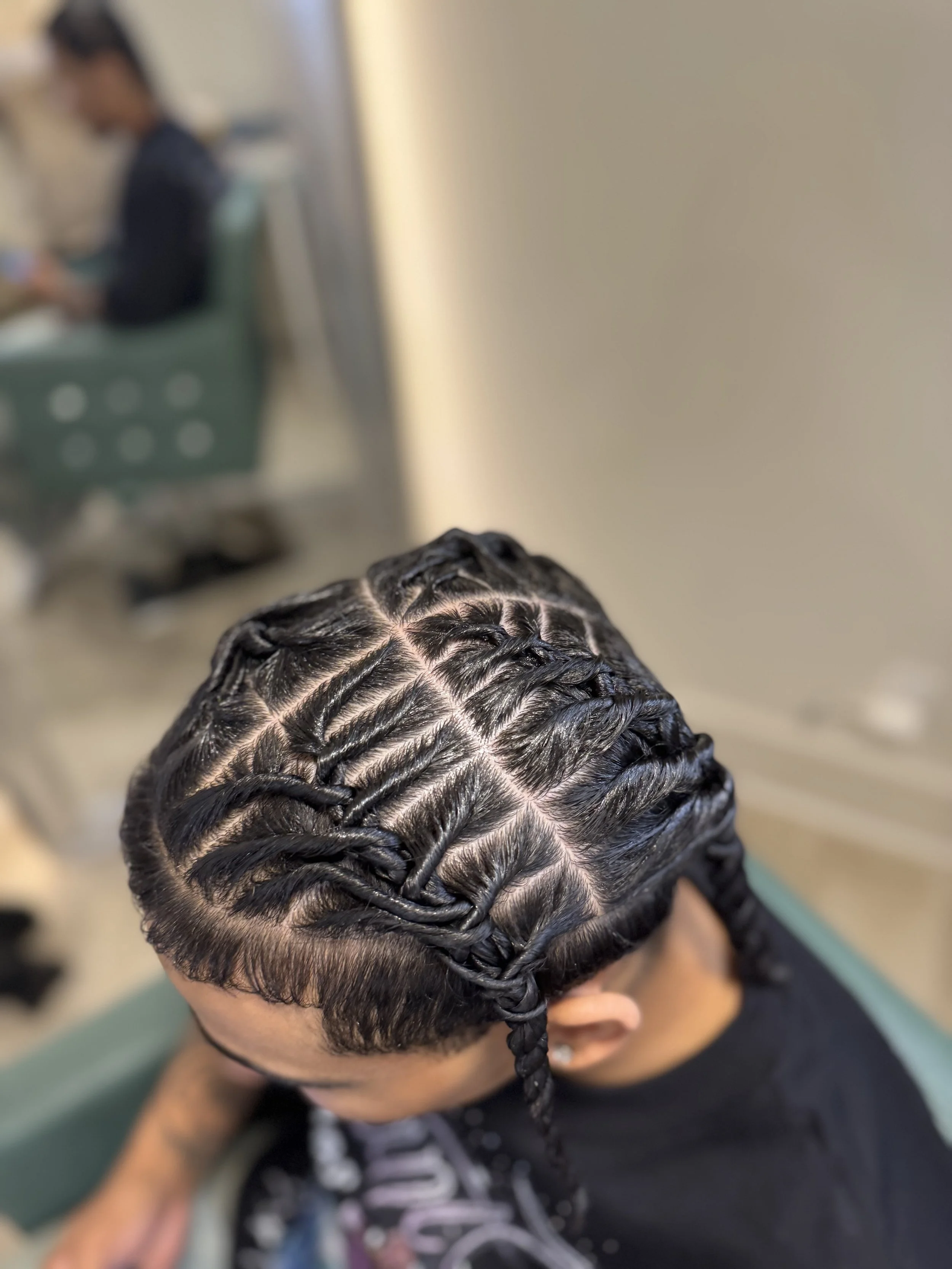 Close-up of a person with freshly styled barrel twists, showing the intricate parts and neatness of the hairstyle.