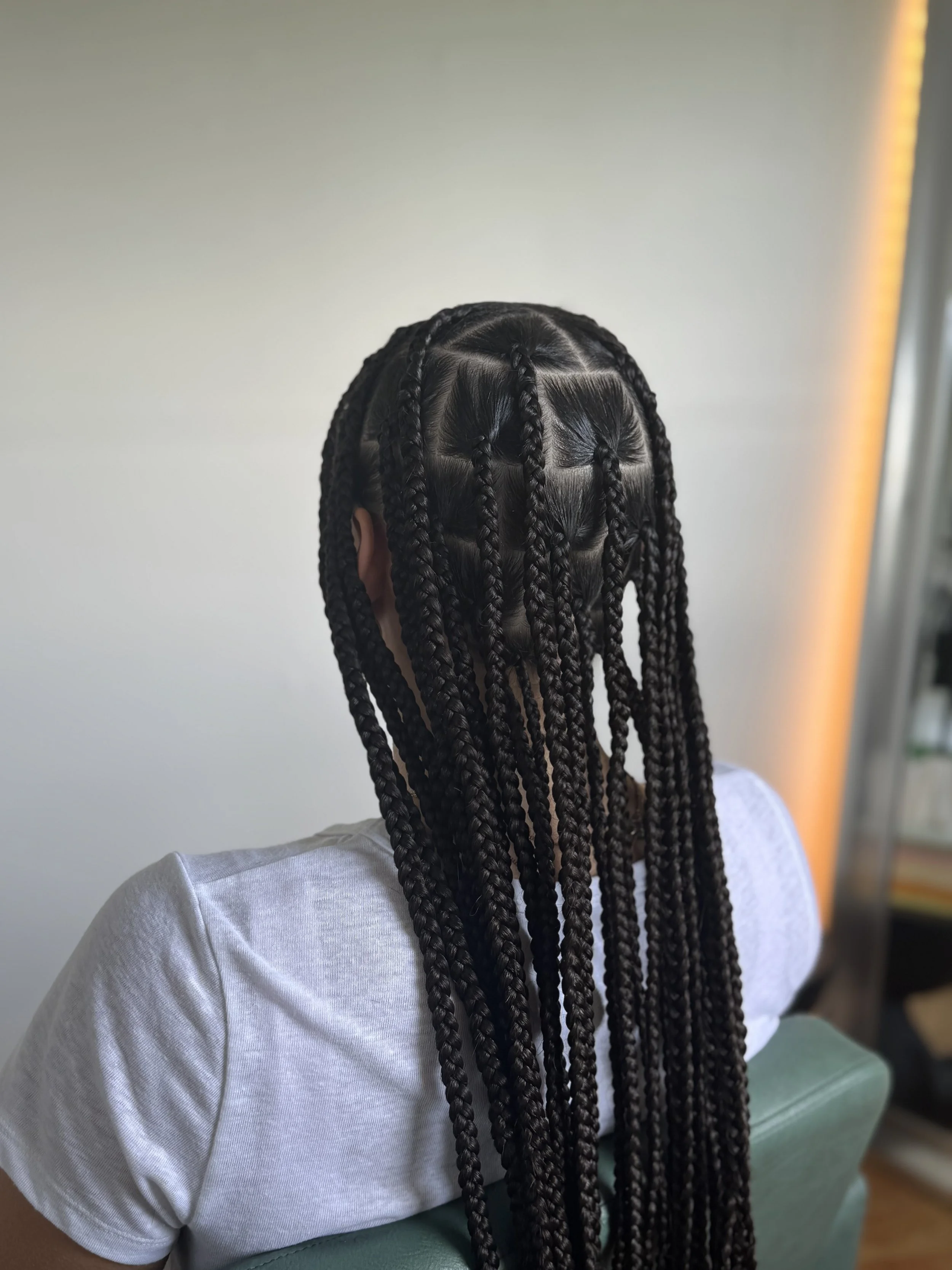 Back view of a person with long, neatly braided knotless braids