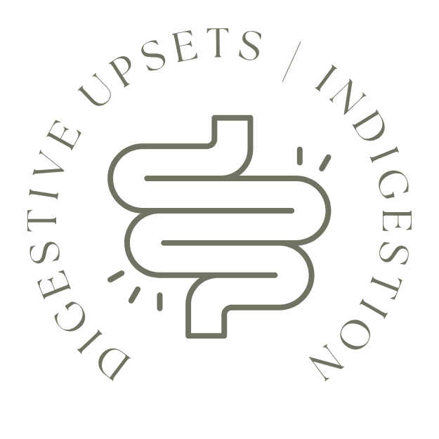Circle logo with a stylized restroom symbol in the center and the text "Digestive Upsets / Indigestion" around the edge.