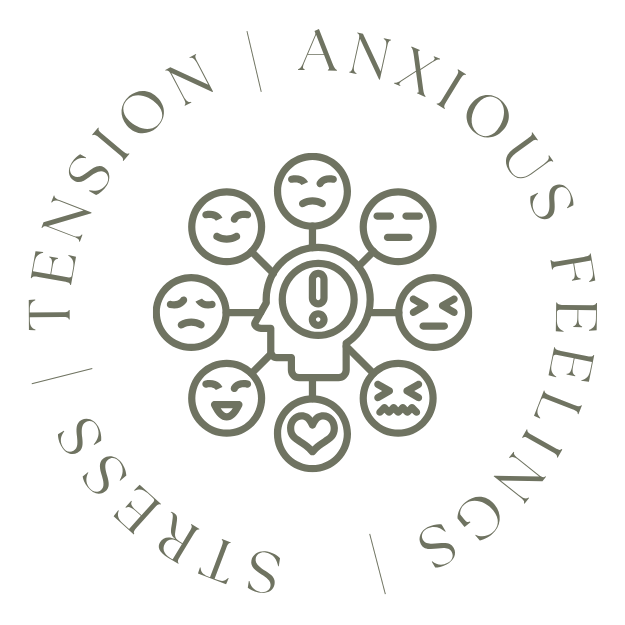A circular badge featuring a central human head outline with an exclamation mark inside, surrounded by various emoticon faces representing different emotions, with the words "Anxious Feelings," "Stress," and "Tension" written around the border.