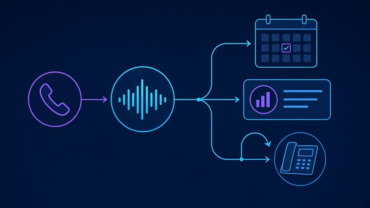 Diagram of an incoming call routed through an AI voice assistant to a booked appointment, a message summary, or a transfer to staff