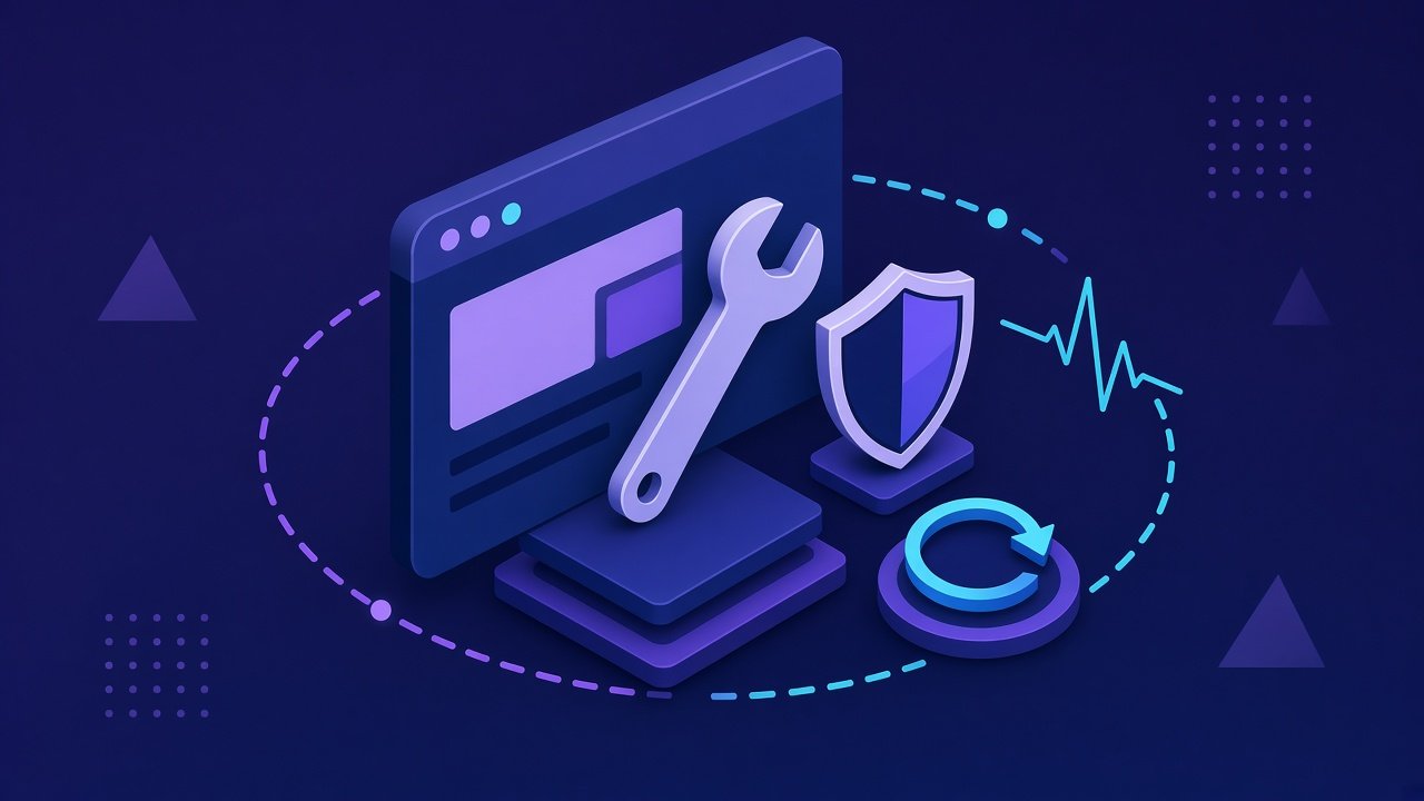 Browser window surrounded by a wrench, security shield, backup arrow and uptime line representing ongoing website maintenance