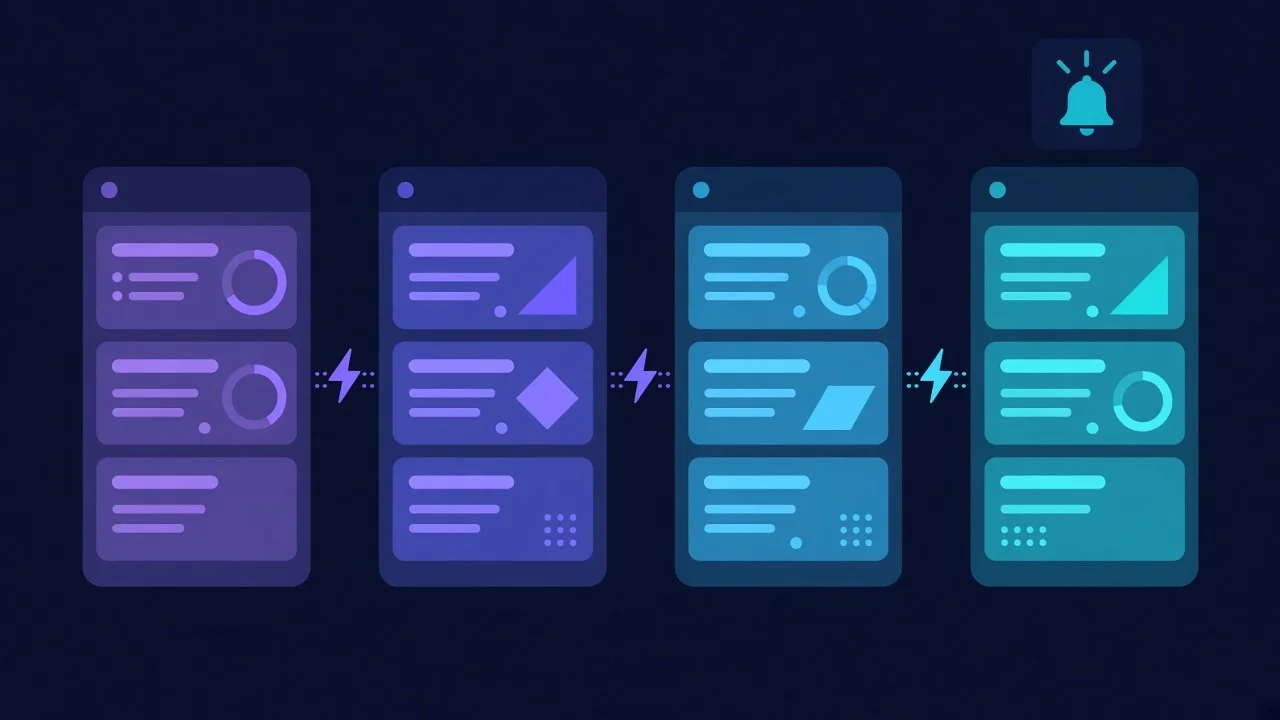 Sales pipeline board with deal cards moving across four stages and automation icons between them