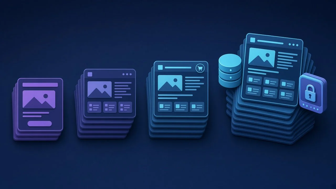 Four website wireframe stacks growing from a single landing page to a large e-commerce site with database and membership features