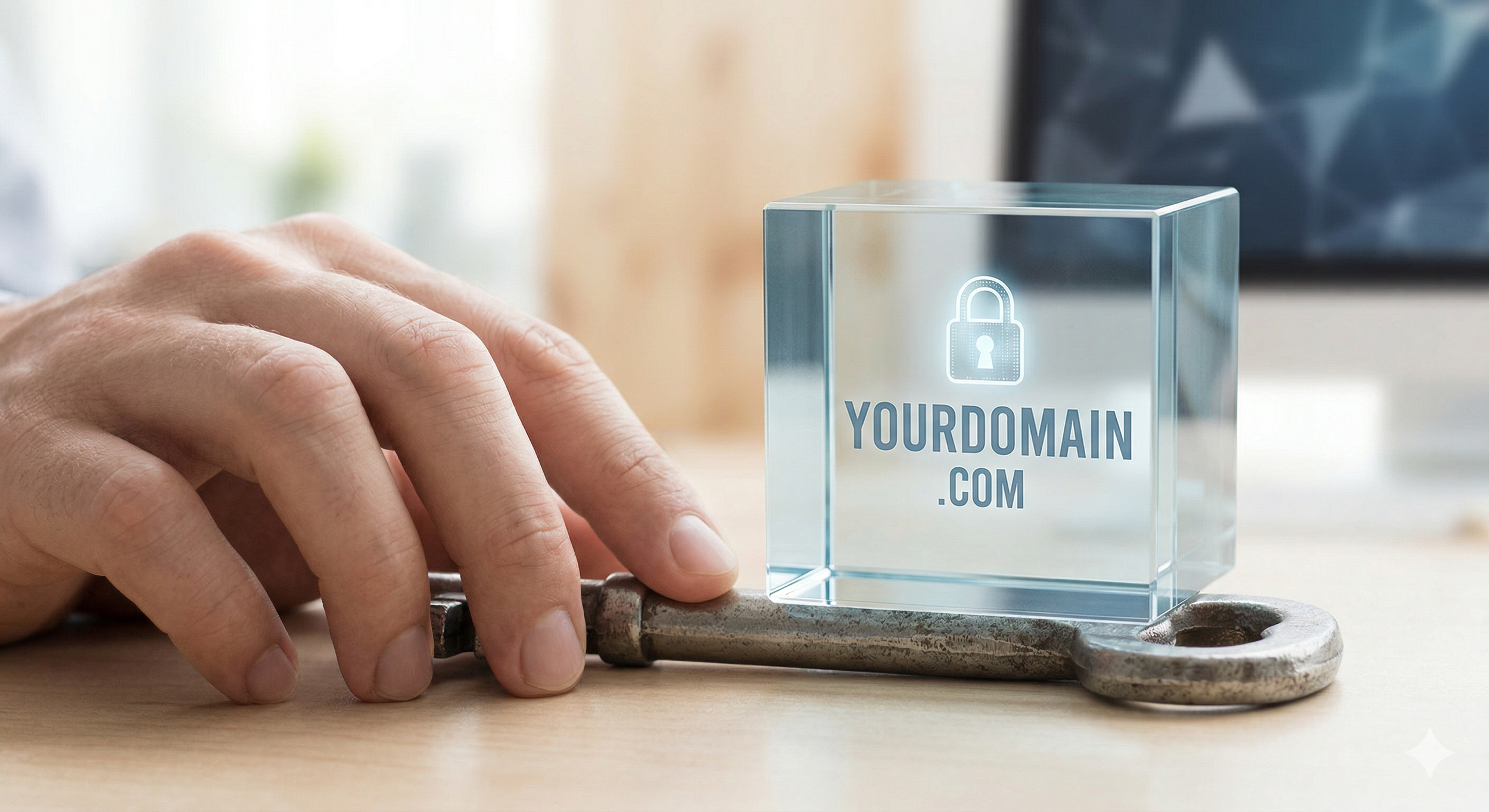 A hand resting on a secure domain name key, representing digital identity and brand credibility for Quantum Web Studios.