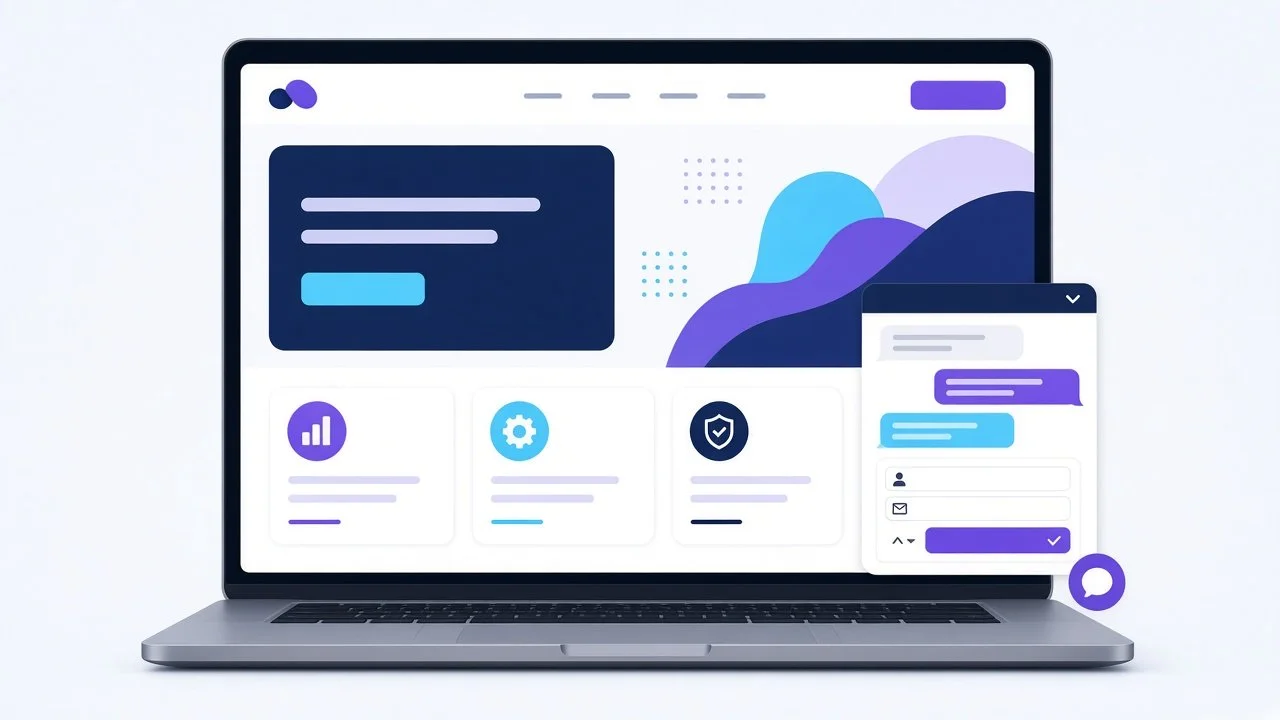 Small business website on a laptop with an AI chatbot window open and a lead capture form
