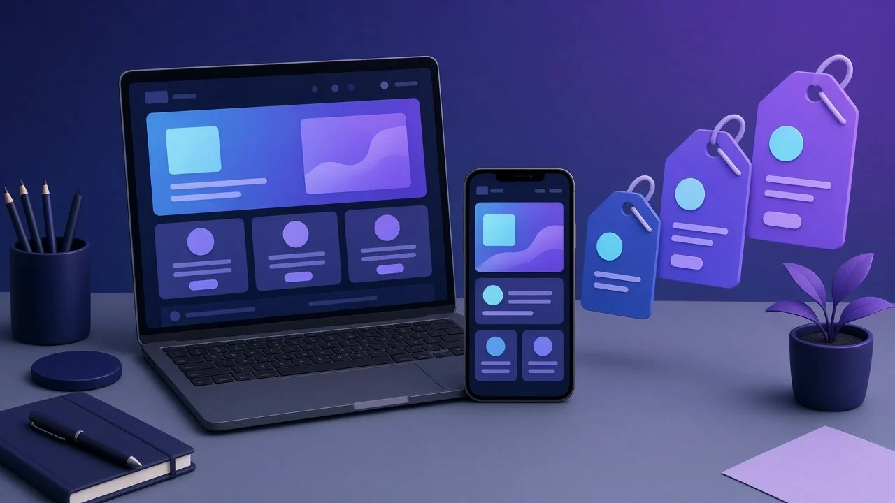 Laptop and smartphone showing a small business website beside three price tags of increasing size