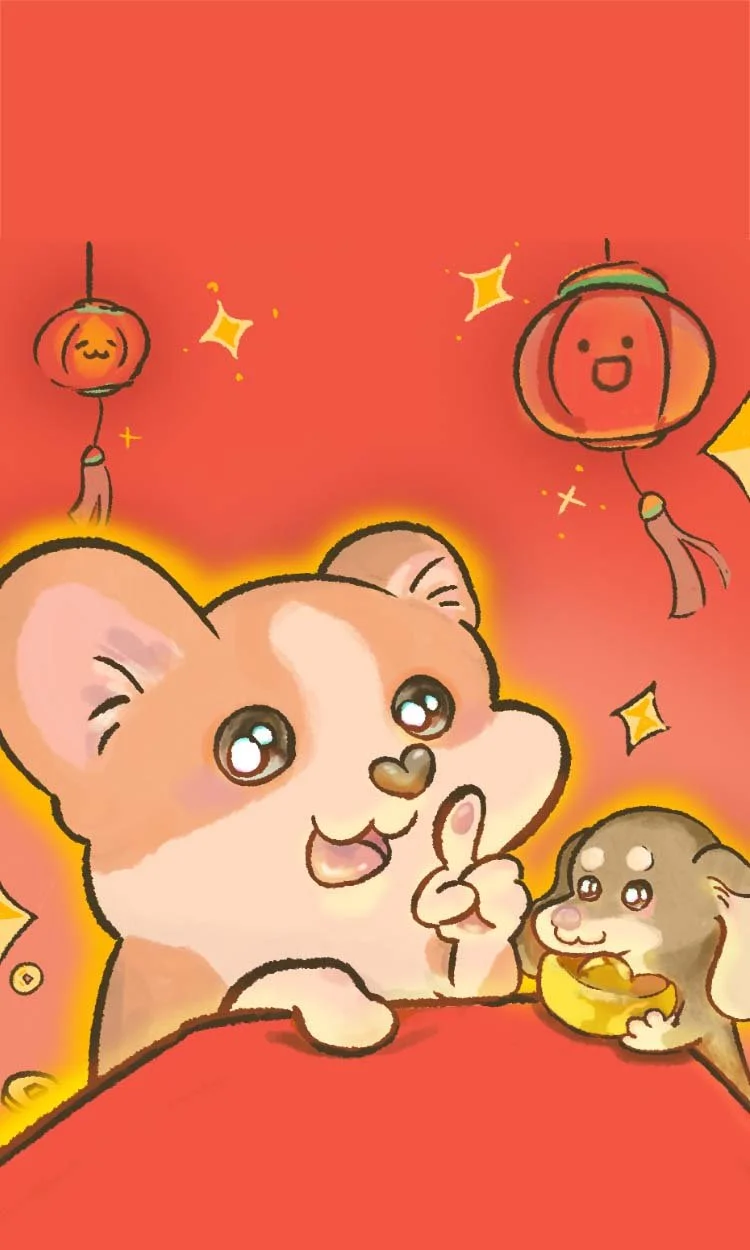 Cute illustration of two puppies with big eyes, surrounded by hanging lanterns and stars on a red background, celebrating an Asian festival.