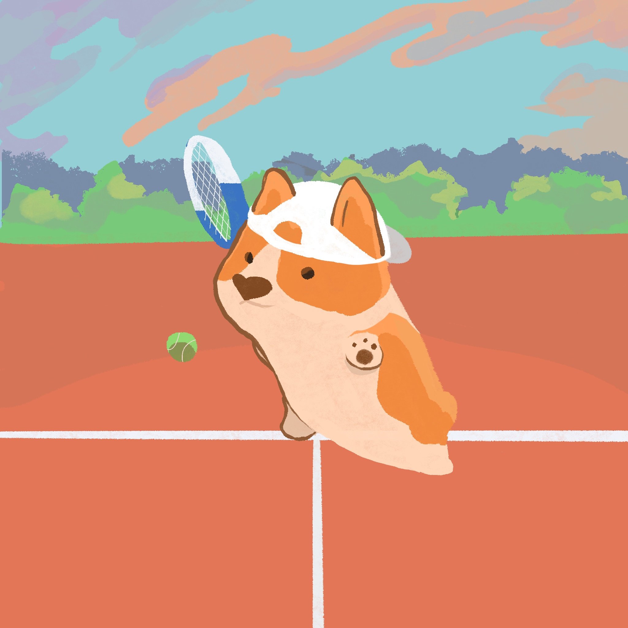 A drawing of a corgi dog with a tennis ball and a tennis racket on a sports court, with a background of mountains and a cloudy sky.