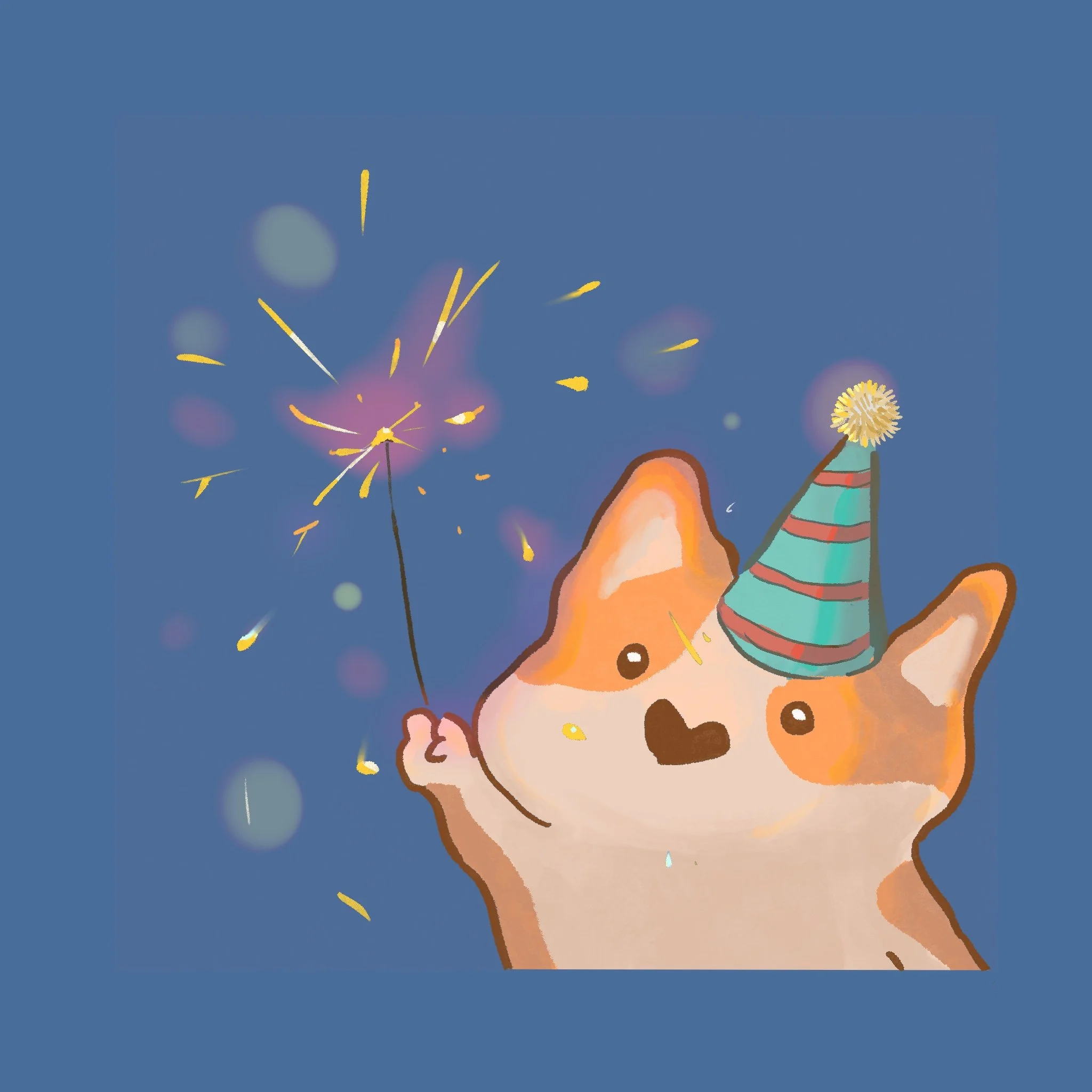 A smiling corgi holding a sparkler, with colorful confetti and fireworks in the background.