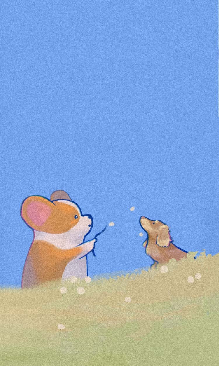 Cute cartoon of a corgi and a small dachshund dog in a grassy field under a blue sky, with the corgi holding a flower and the small dog looking up.