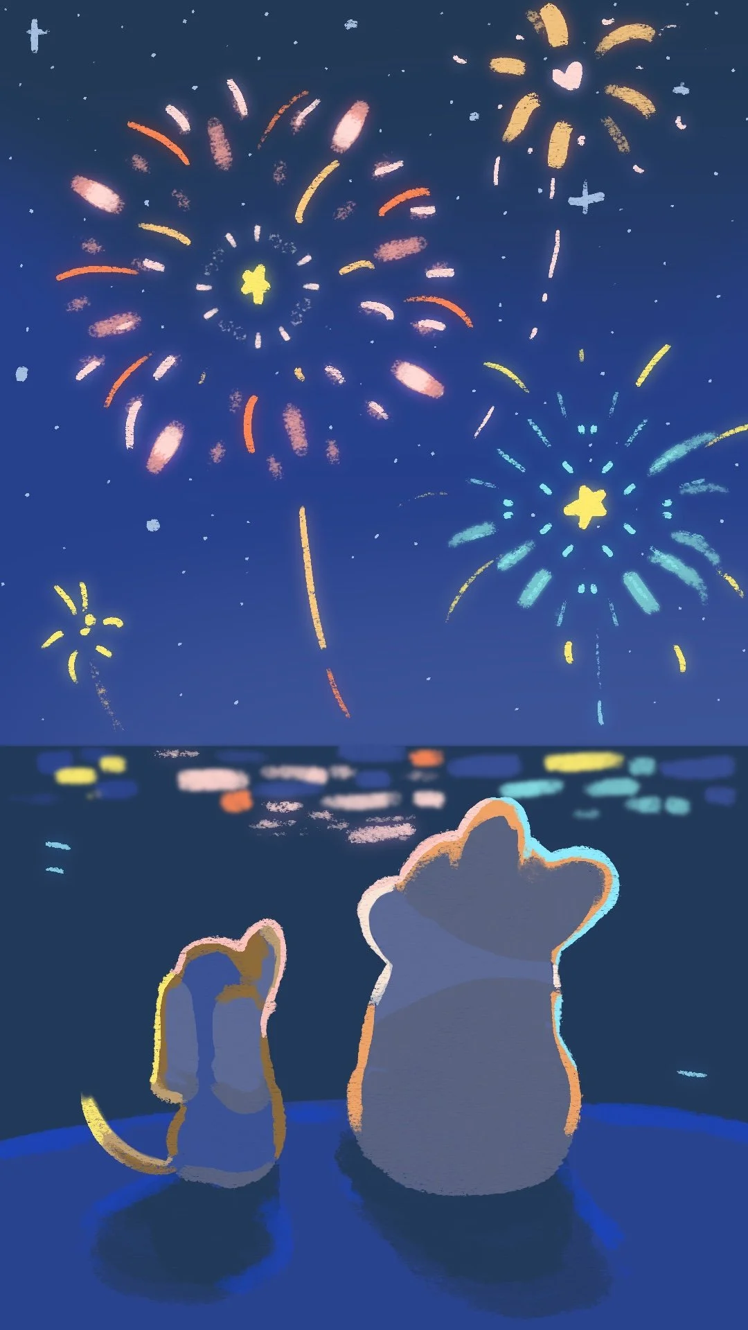 Two dogs, a corgi and a dachshund, sitting on a beach at night, watching colorful fireworks display in the sky over the water.