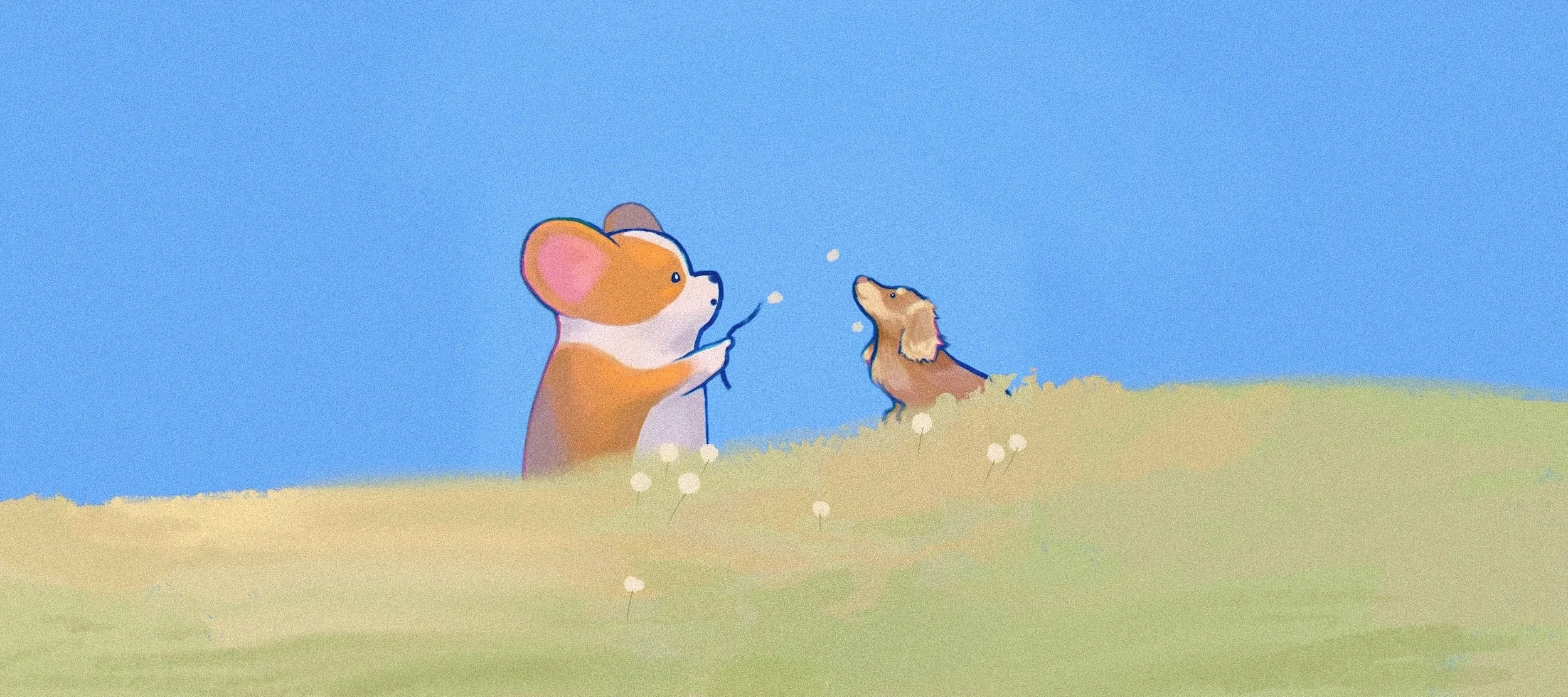 An illustration of a cute Corgi with big ears, holding a dandelion, and a small Dachshund dog sitting on a grassy hill, with a blue sky in the background.