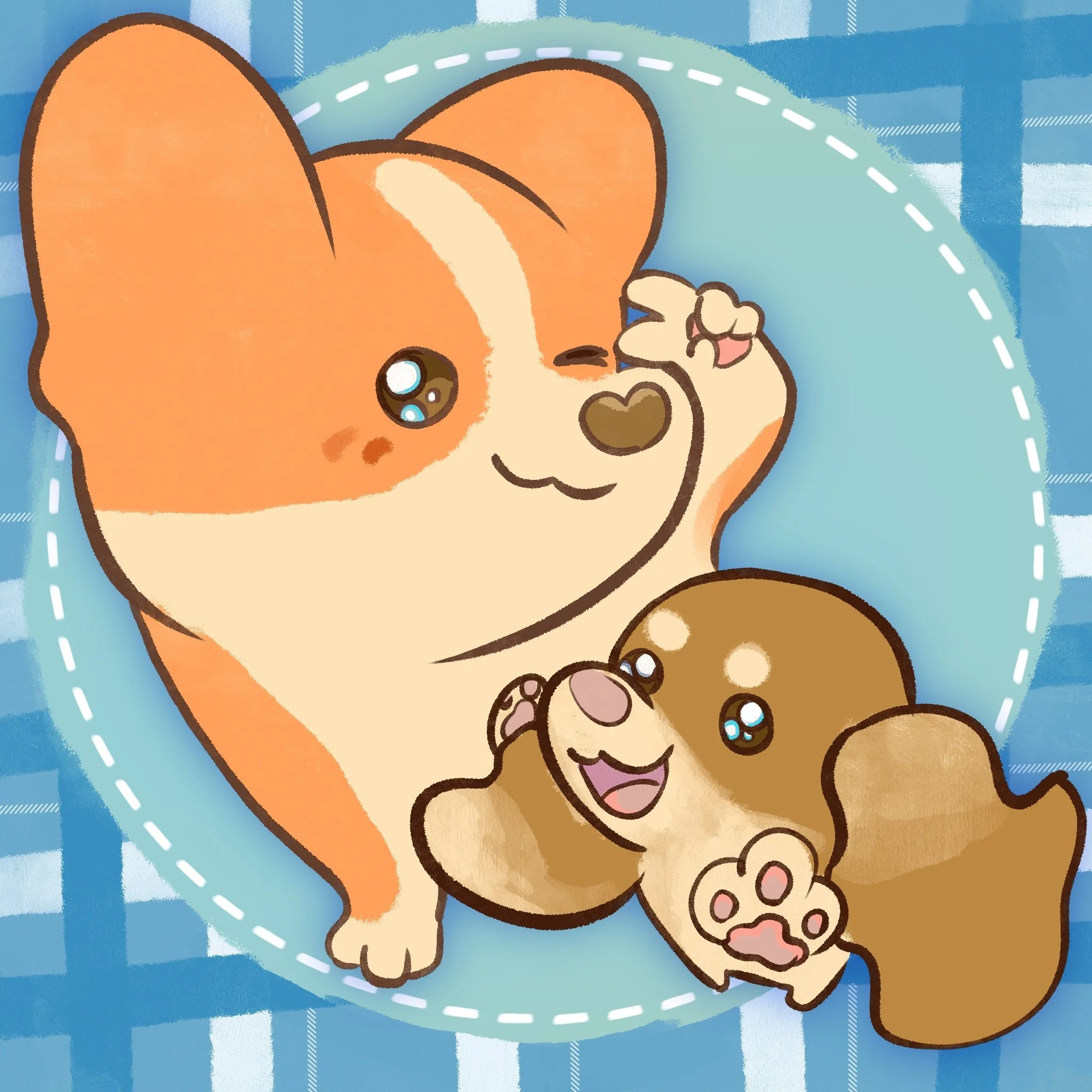 A cartoon-style illustration of a puppy with big, shiny eyes and a small smile, holding a pup in its paws. The puppy has tan fur with darker brown accents, and the background features blue and teal tones with a dotted white line outlining the circle 