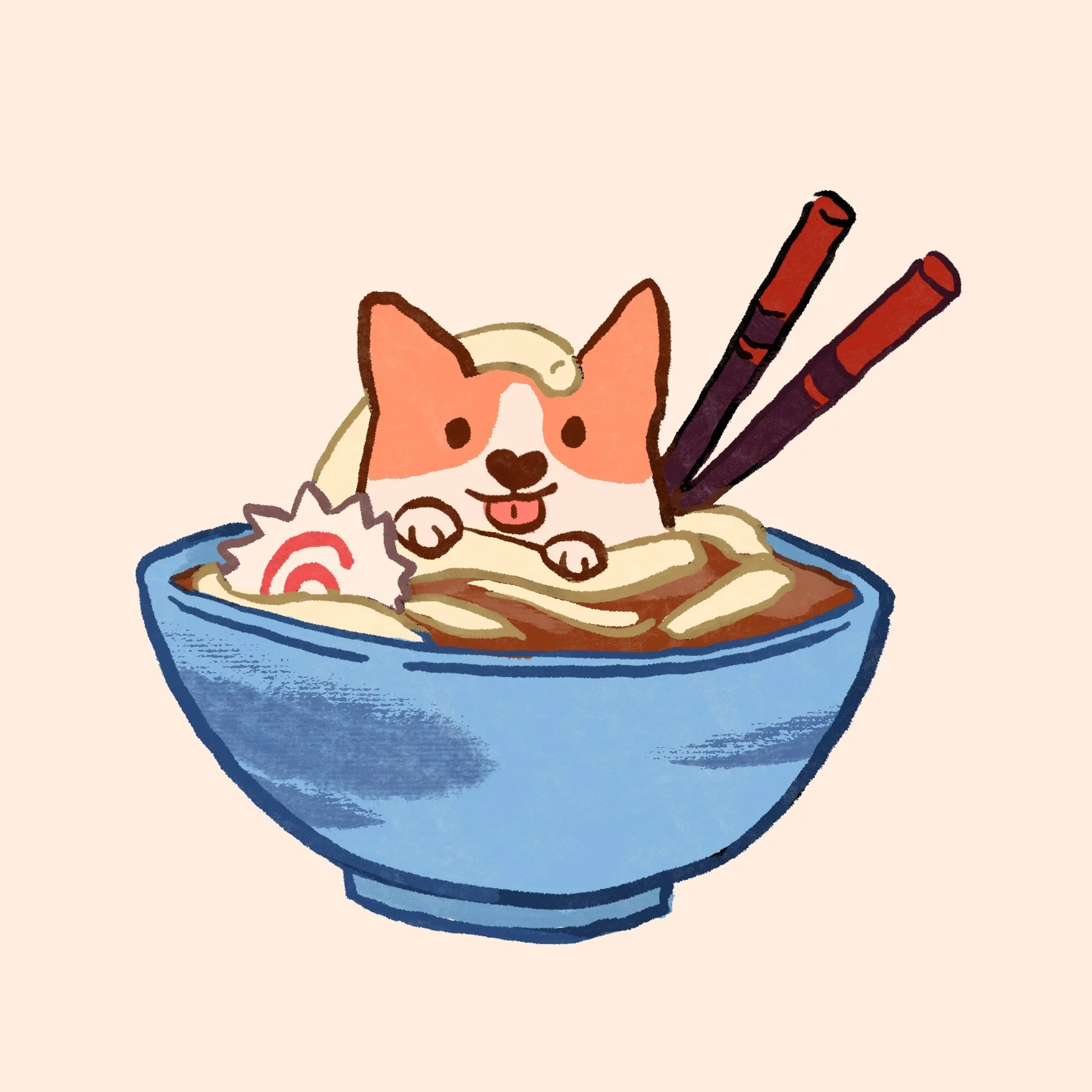 A cute illustration of a small dog with big eyes, shown inside a blue food bowl. The dog is sticking out its tongue and has brown and cream fur.