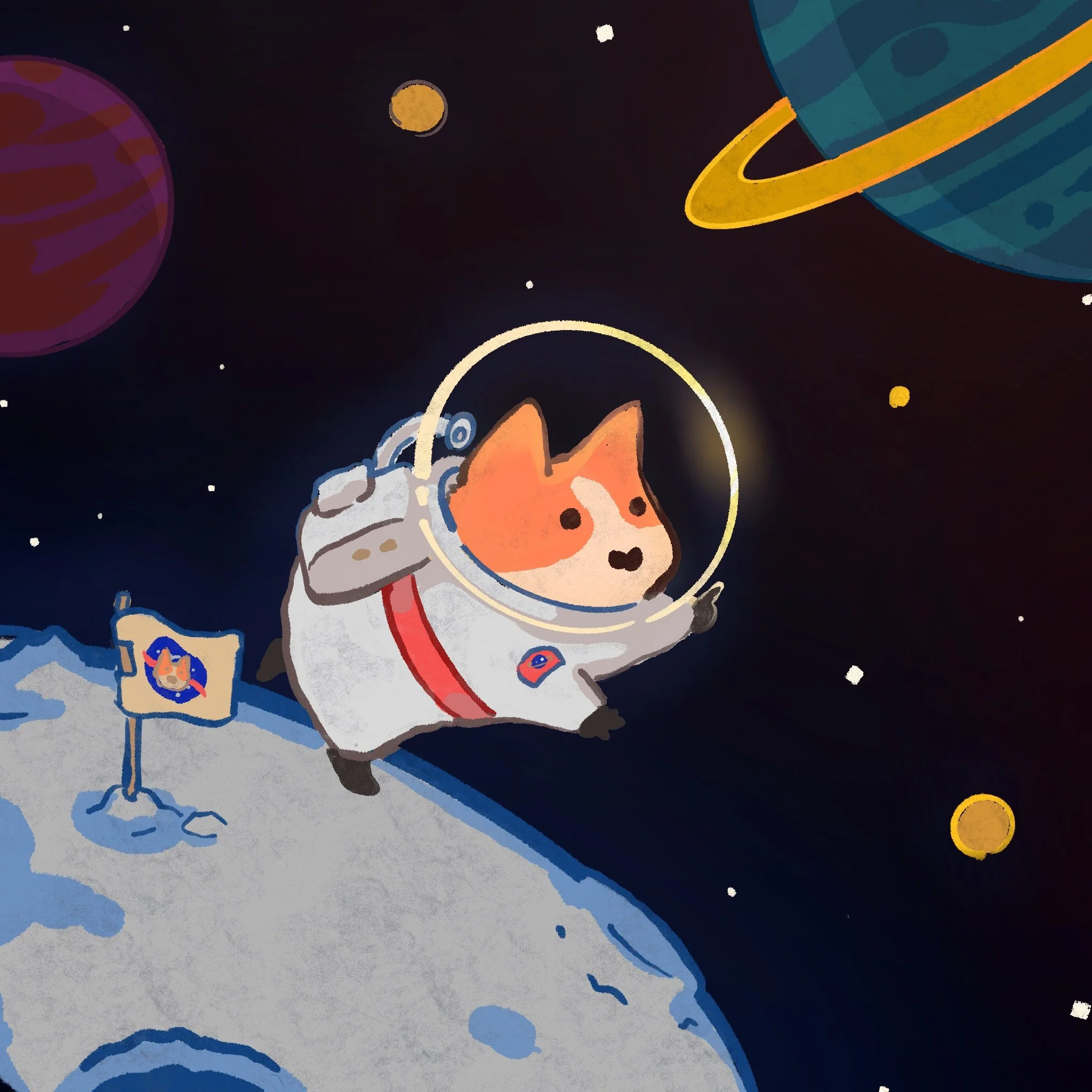 Illustration of an astronaut corgi floating in space with planets and stars around.