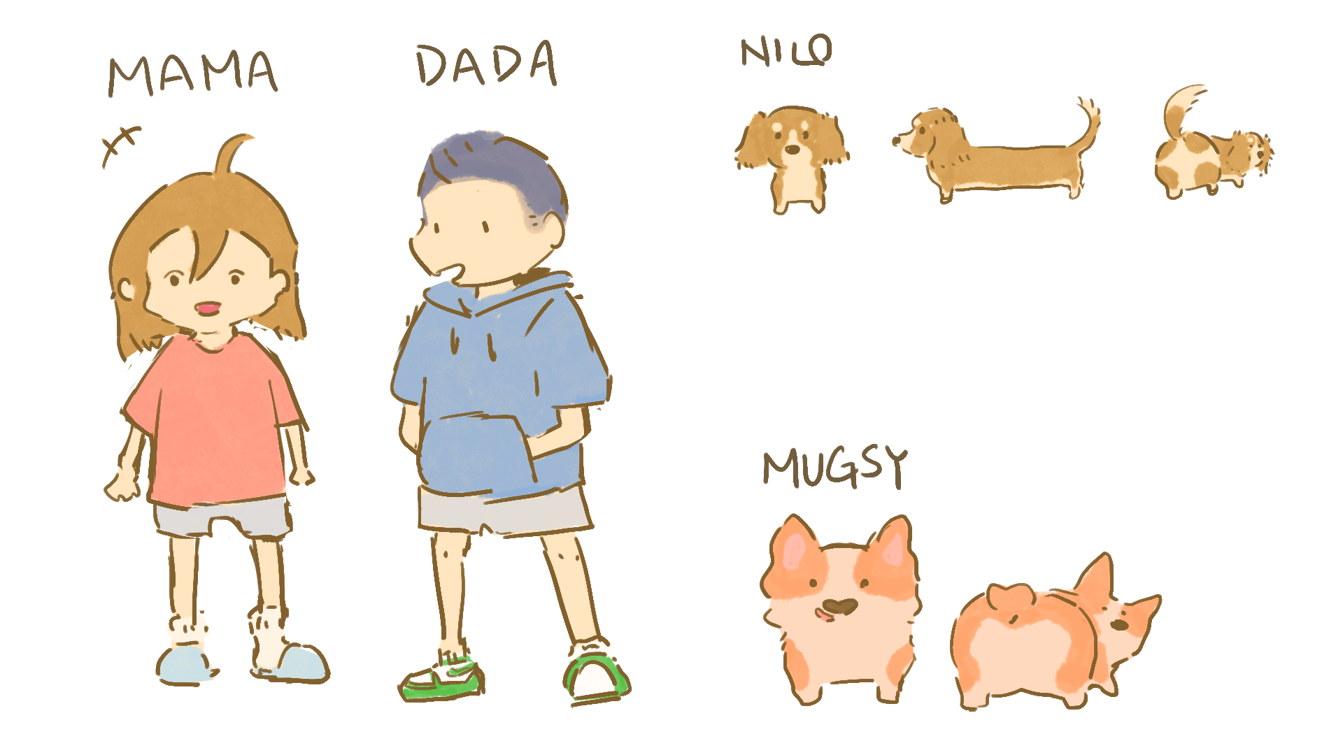 A couple and their two dogs. Two adults, a girl with long hair in a pink shirt and white shorts and a man with short hair in a blue hoodie and beige shorts, stand near their pets - a corgi and a dachshund.
