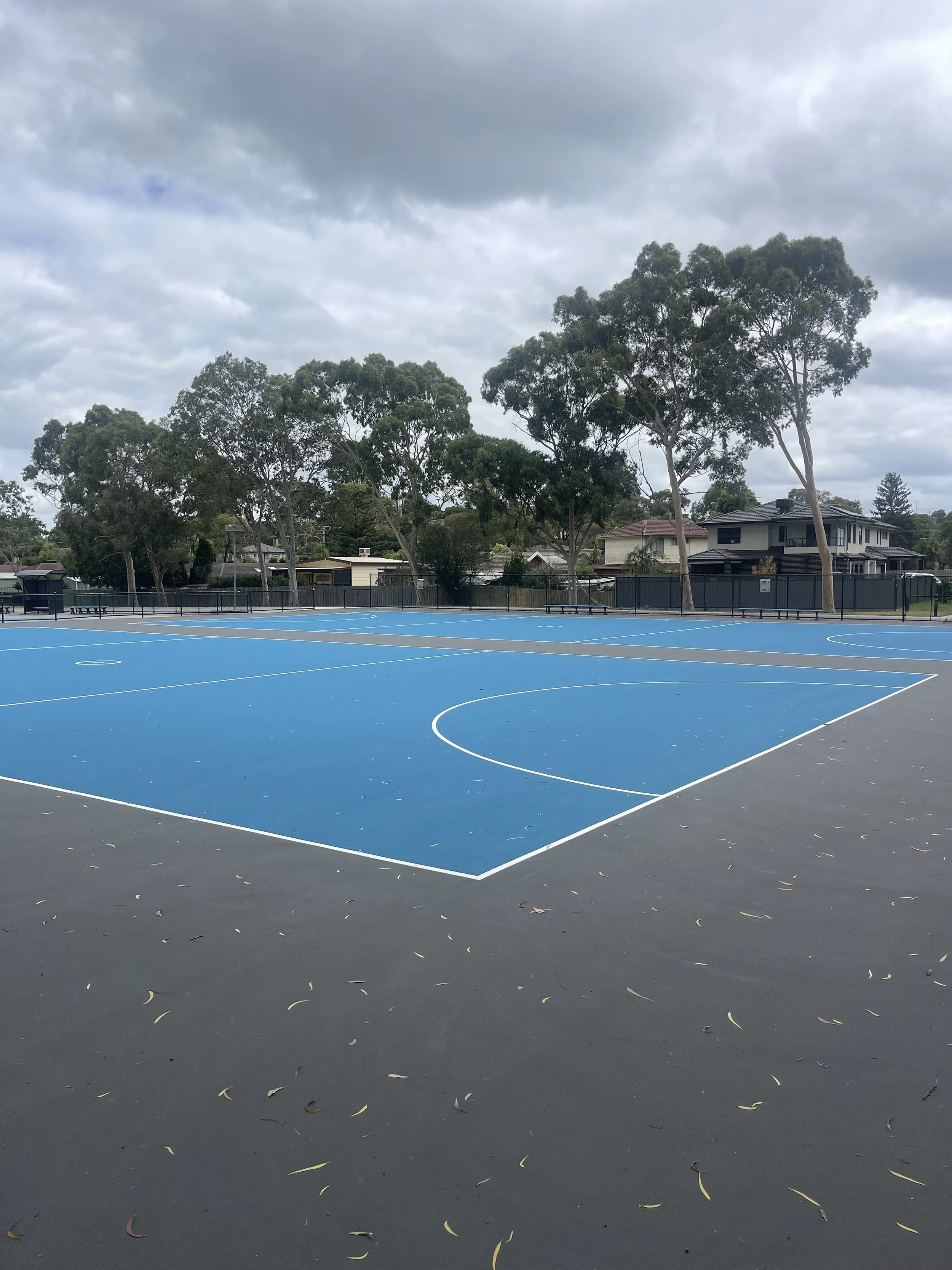 Empty outdoor basketball court with blue surface, surrounded by trees and residential houses under cloudy sky.