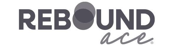 Logo with the words 'REBOUND ace' in bold black and gray letters, with a gray circle replacing the 'O' in 'REBOUND' and cursive writing for 'ace'.