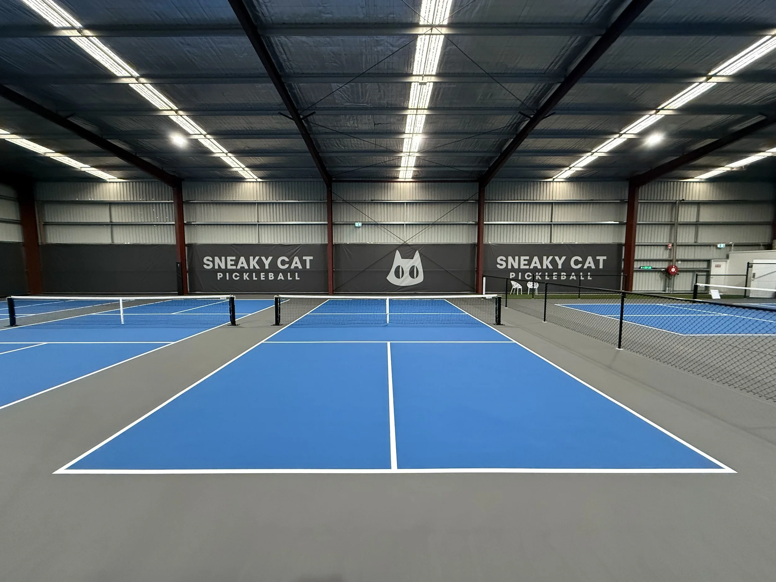 Indoor pickleball court with blue and gray surface, black nets, and banners reading "Sneaky Cat Pickleball."