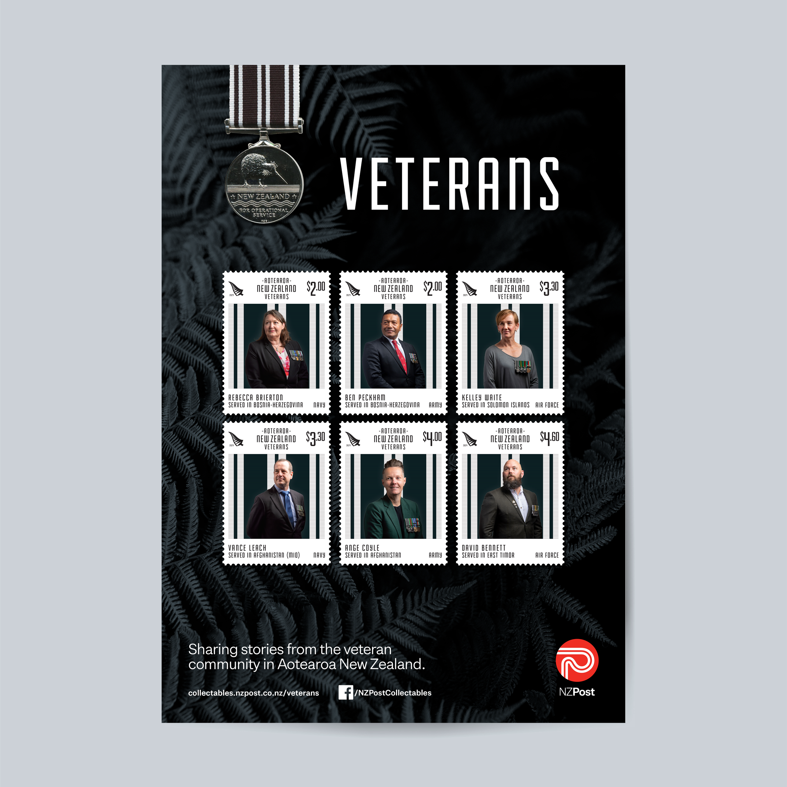 An A2 poster showcases six New Zealand postage stamps. Each shows a Veteran who served the country.