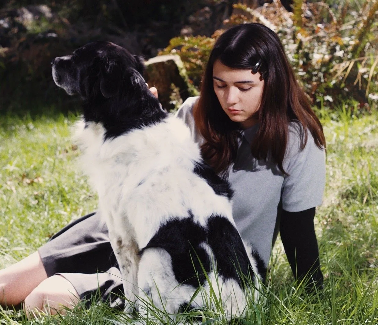 A young woman sitting on grass with a black and white dog, both in a natural outdoor setting.