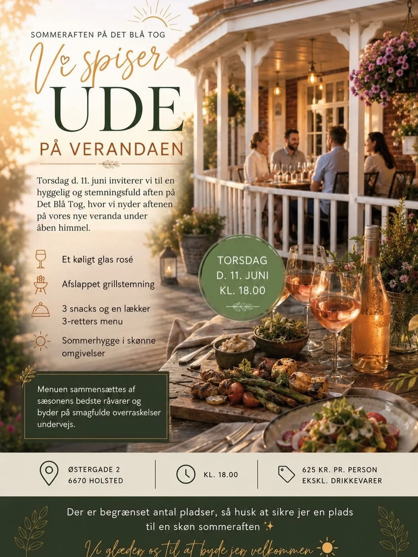 Har I husket at booke plads til vores sommeraften &ldquo;Vi spiser ude&rdquo;? 🍷✨

Torsdag d. 11. juni inviterer vi til en hyggelig og stemningsfuld aften p&aring; Det Bl&aring; Tog, hvor vi nyder aftenen p&aring; vores nye terrasse under &aring;ben