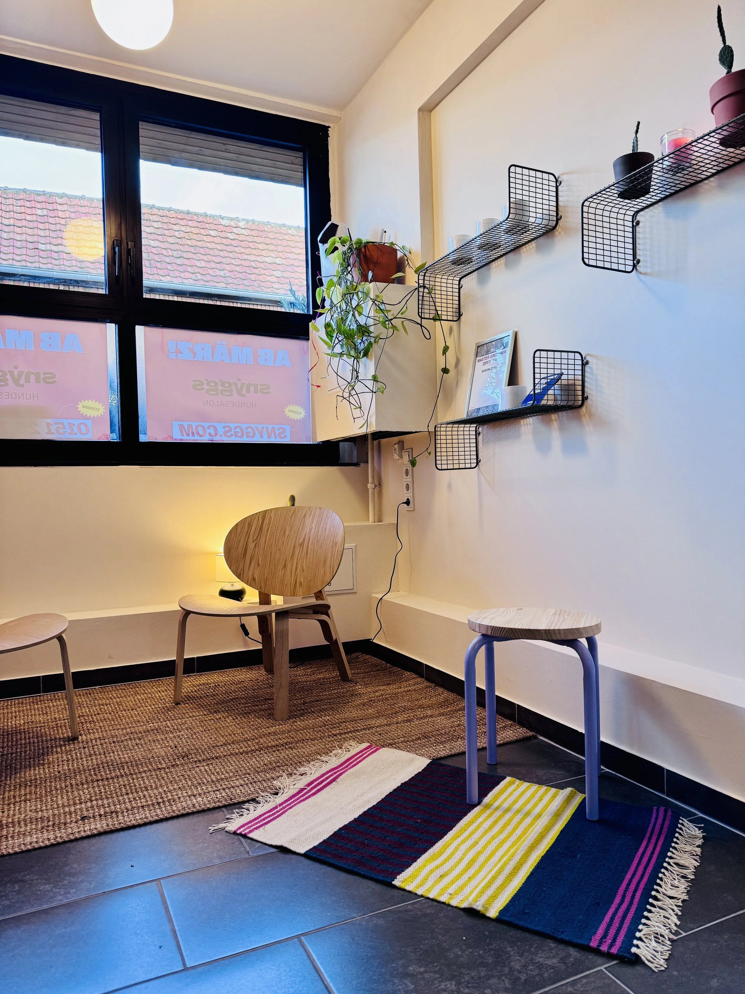 Ein ruhiger, moderner Raum mit Sessel, Hocker, schwarzen Fliesenboden, wärmenden Teppichen, einer hohen Fensterfront, Wandregalen mit Pflanzen und Dekorationsgegenständen. So ist das bei snyggs in Hürth. Dem Hudnefriseur in der Nähe von Köln 