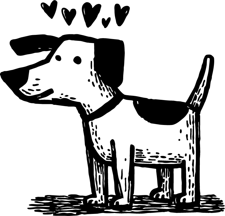 Illustration eines niedlichen Hundewelpen mit kleinen Herzchen über dem Kopf. Snyggs Hundesalon