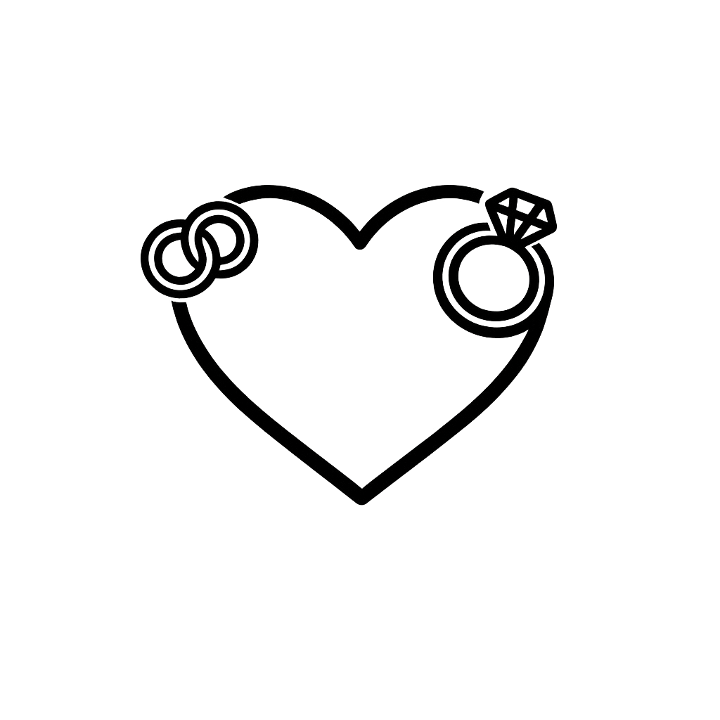 Outline drawing of a heart with a diamond ring and a pair of intertwined rings on top.