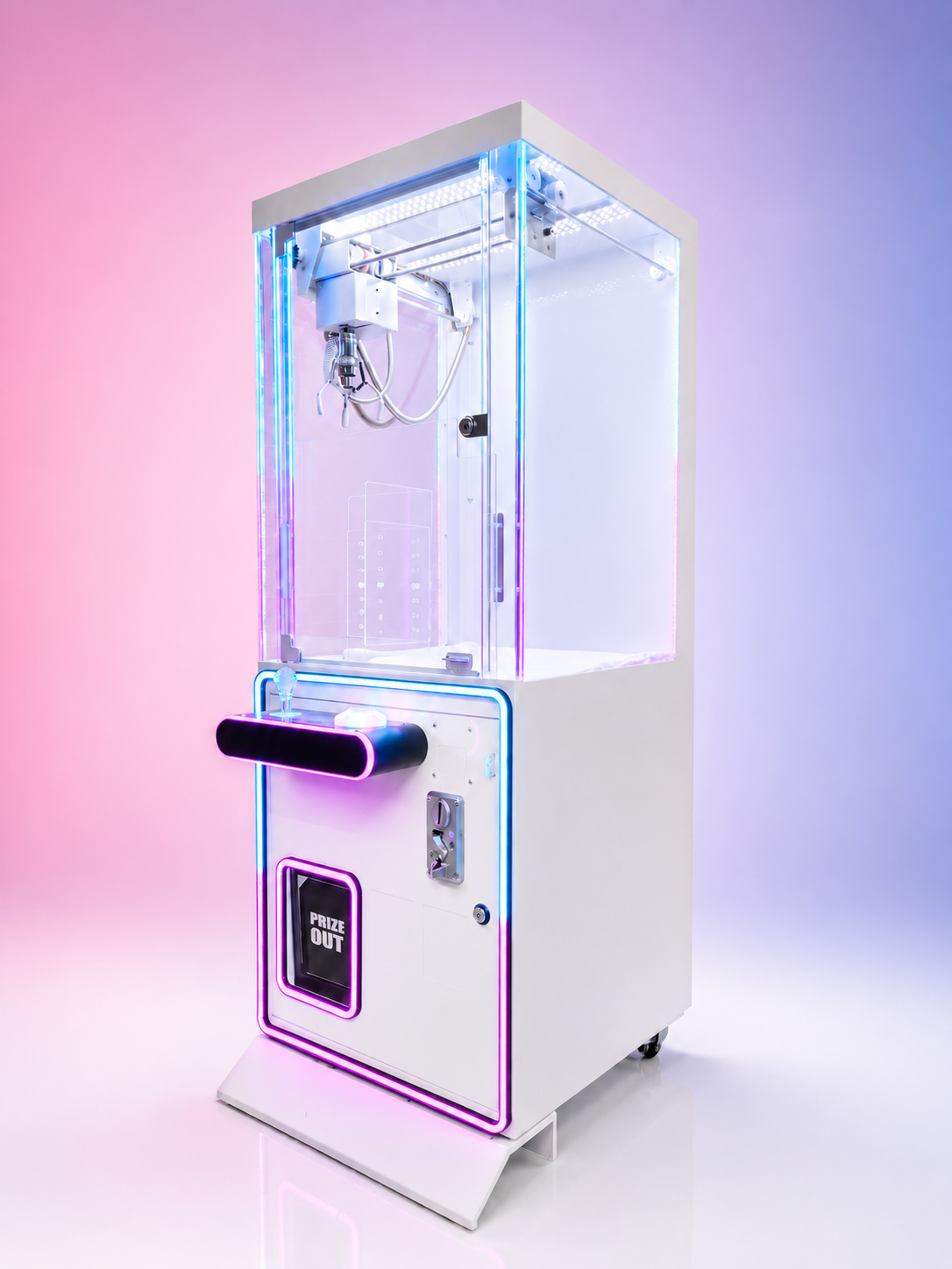 Colorful arcade claw machine with neon lights and prize area labeled 'Prize Out' against a pastel pink and purple background.