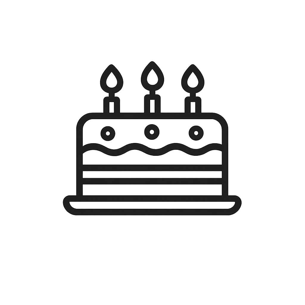 Outline drawing of a birthday cake with three lit candles on top.