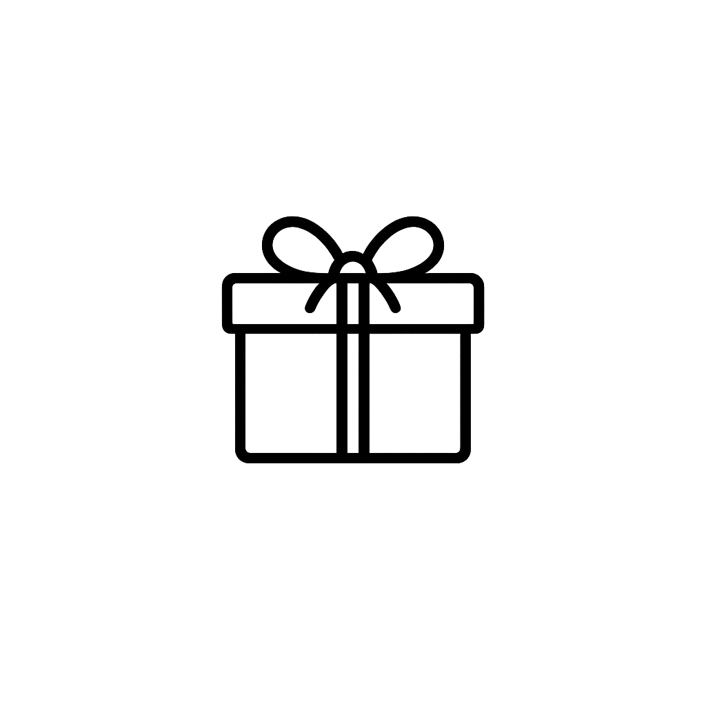 Line drawing of a gift box with a ribbon and bow.