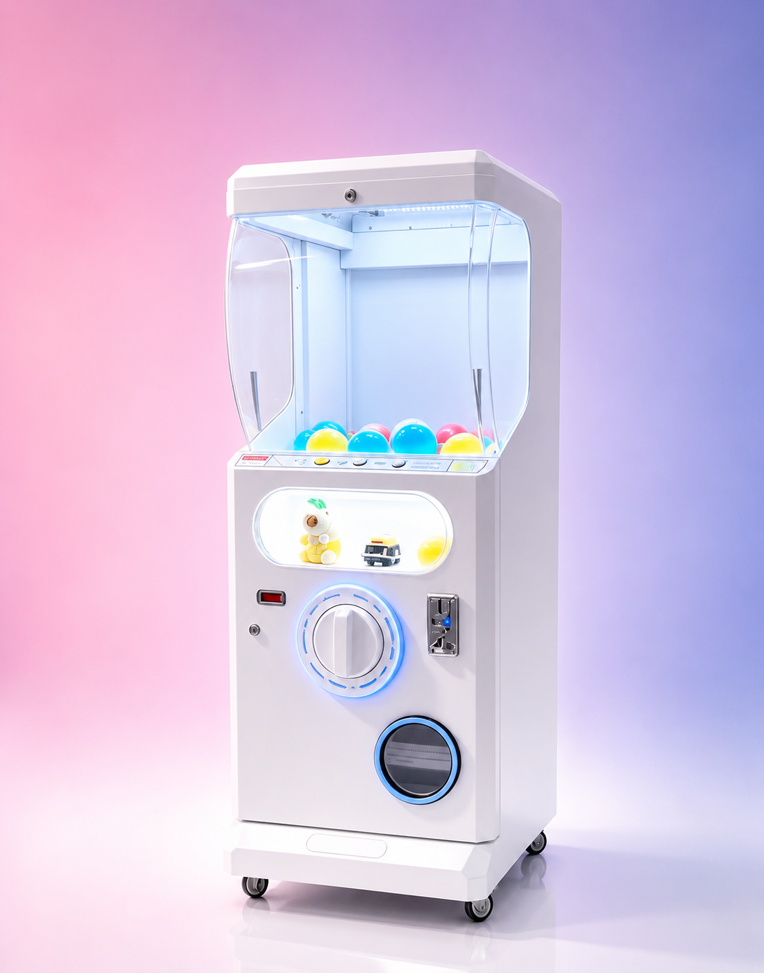 A modern arcade claw machine with colorful plastic balls and plush toys inside, set against a pastel pink and purple background.