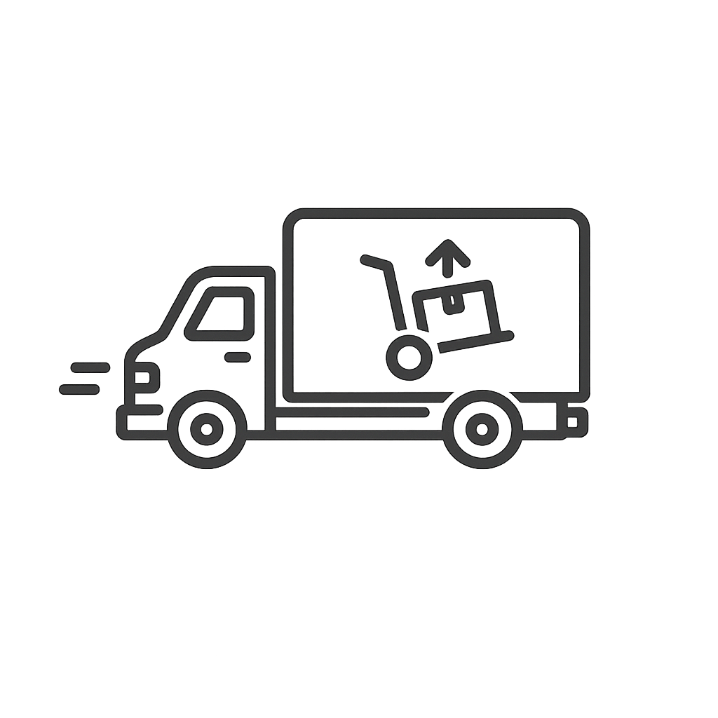 Icon of a moving truck with a box on a dolly, indicating delivery or shipping.