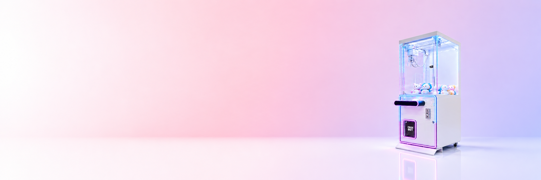 Pink and purple gradient background with a claw machine filled with plush toys on the right side.