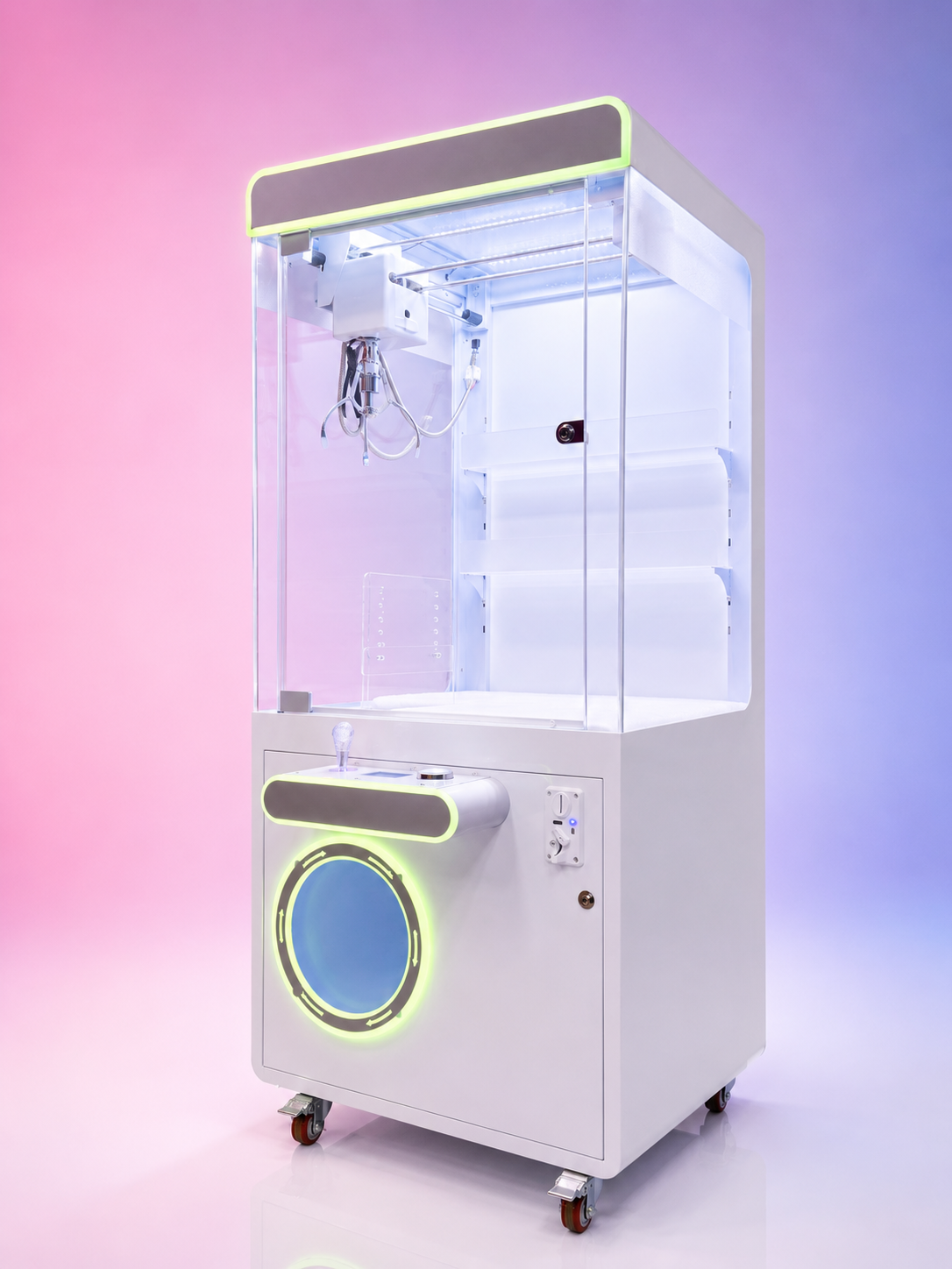 Empty modern claw machine arcade game with neon lights and pastel background.
