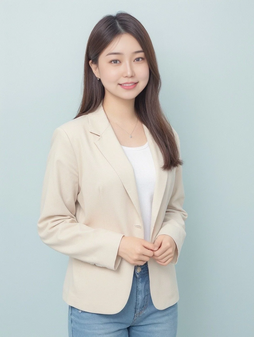 A young woman with long brown hair, wearing a beige blazer over a white shirt and blue jeans, standing against a light blue background.