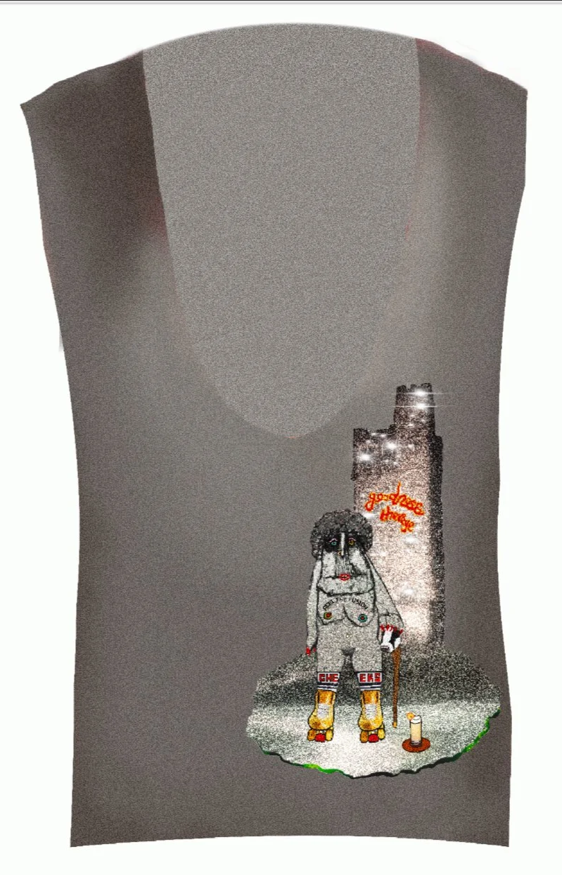 An embroidered design depicting a graffiti-style Hip Hop Queen with dark curly hair, wearing roller skates, and standing in front of a cityscape at night with a lit candle nearby. The text "good vibes only" is embroidered in red above her.